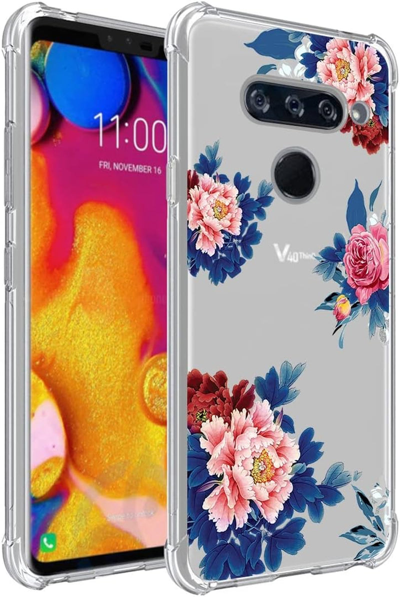 Tothedu Phone Case for LG V40/V40 Thinq Case V405UA0 Case for Girls, Clear Slim Shockproof Pattern Soft Flexible TPU Back Phone Protective Cover Cases for LG V40 Thinq (Rose Butterfly)  Tothedu Blueflower  