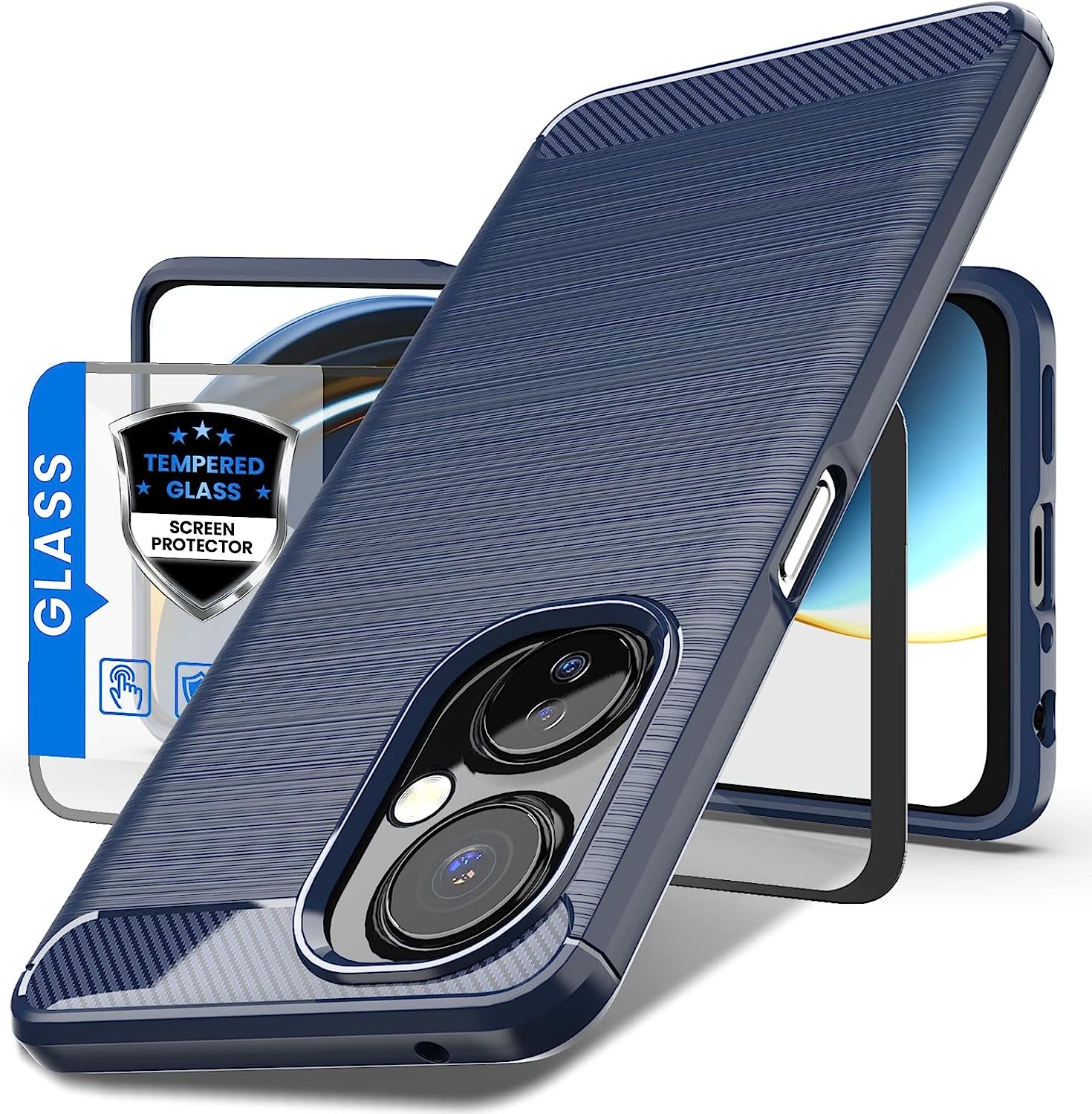 Dretal for Oneplus Nord N30 5G Case with Tempered Glass Screen Protector, Shock-Absorption Brushed Flexible Soft TPU Carbon Fiber Protective Cover for Oneplus Nord N30 5G (Ls-Navy)  Dretal   