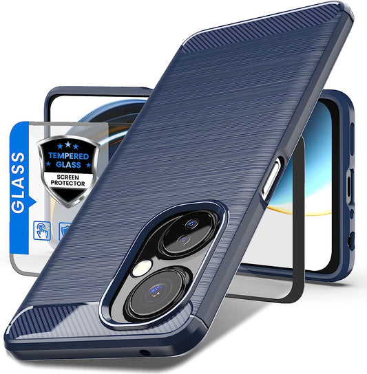 Dretal for Oneplus Nord N30 5G Case with Tempered Glass Screen Protector, Shock-Absorption Brushed Flexible Soft TPU Carbon Fiber Protective Cover for Oneplus Nord N30 5G (Ls-Navy)  Dretal   