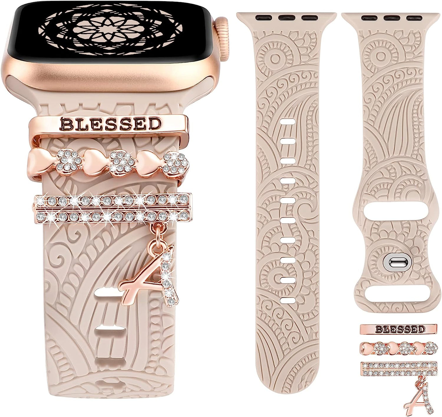 (Include Band) Decorative Ring Loops Compatible with Apple Watch Band Charms 41/40/38/42/44/45/49Mm Women, Boho Engraved Fancy Accessories Silicone Strap for Iwatch Series 8 SE Ultra 7 6 5 4 3 2 1  TOYOUTHS A 42/44/45/49mm 