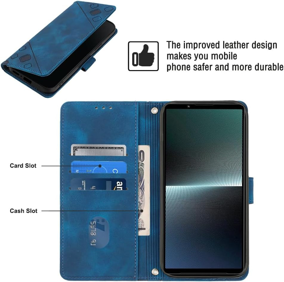 NVWA Compatible with Sony Xperia 1 V Case Wallet with Credit Card Slots Kickstand Wrist Strap and Long Lanyard Blue Leather Crossbody Protective Cover with Embossed Design  NVWA   