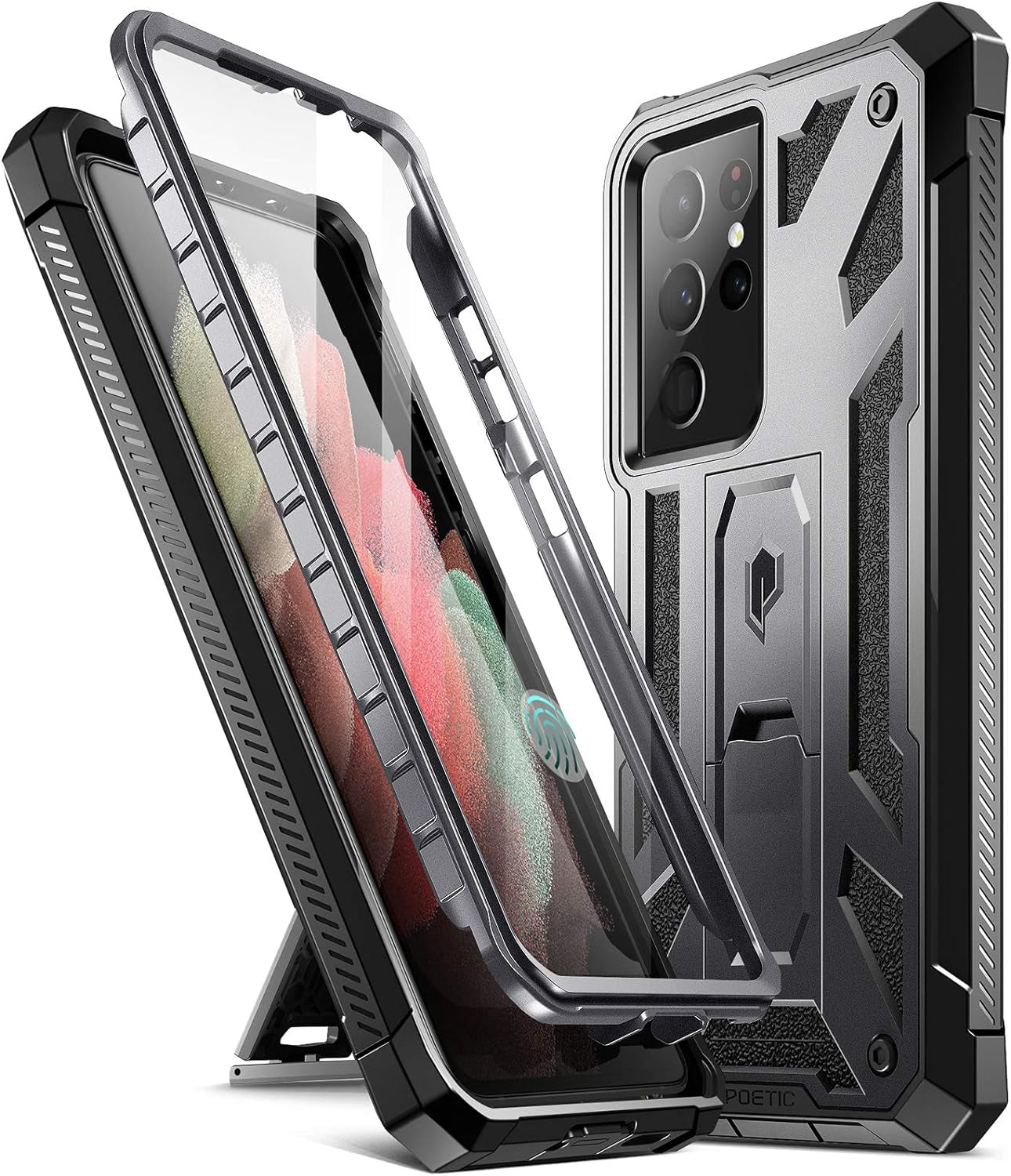 Poetic Spartan Case for Galaxy S21 Ultra 5G, 6.8" Screen Protector, Fingerprint ID, Rugged Shockproof Cover, Kickstand, Metallic Gun Metal  Poetic   
