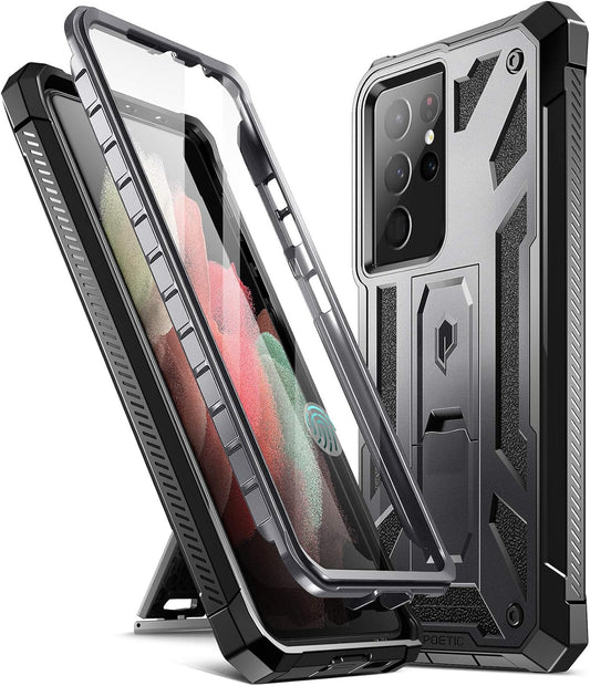 Poetic Spartan Case for Galaxy S21 Ultra 5G, 6.8" Screen Protector, Fingerprint ID, Rugged Shockproof Cover, Kickstand, Metallic Gun Metal  Poetic   
