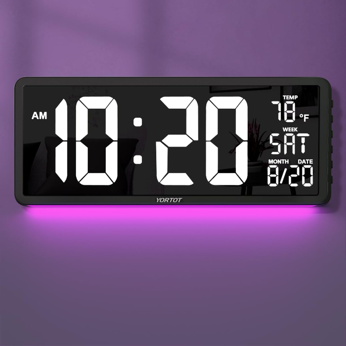 YORTOT 16” Large Digital Wall Clock with Remote Control - Adjustable Dimmer, 7 Color Night Lights, Big LED Clock with Indoor Temperature, Date, Auto DST, 12/24Hour, Wall Mount/Foldable Stand  YORTOT White + Remote  