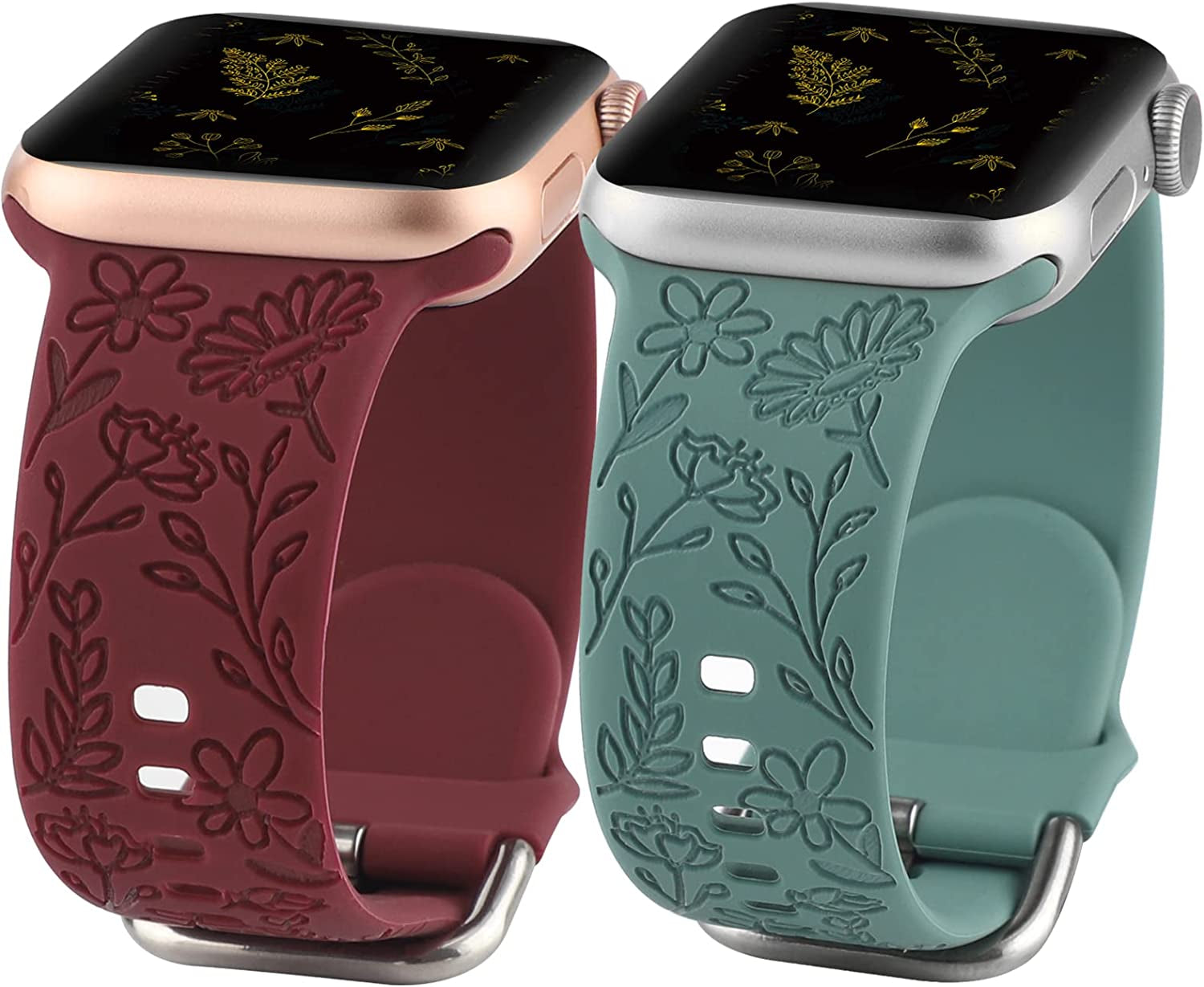 2 Pack Flower Engraved Sport Strap Compatible with Apple Watch Bands 38Mm 40Mm 41Mm, Women Floral Laser Soft Silicone Wristband Replacement Iwatch Series 8 7 6 5 4 3 2 1 SE  TERKOWQI Wine Red Green 38/40/41mm 