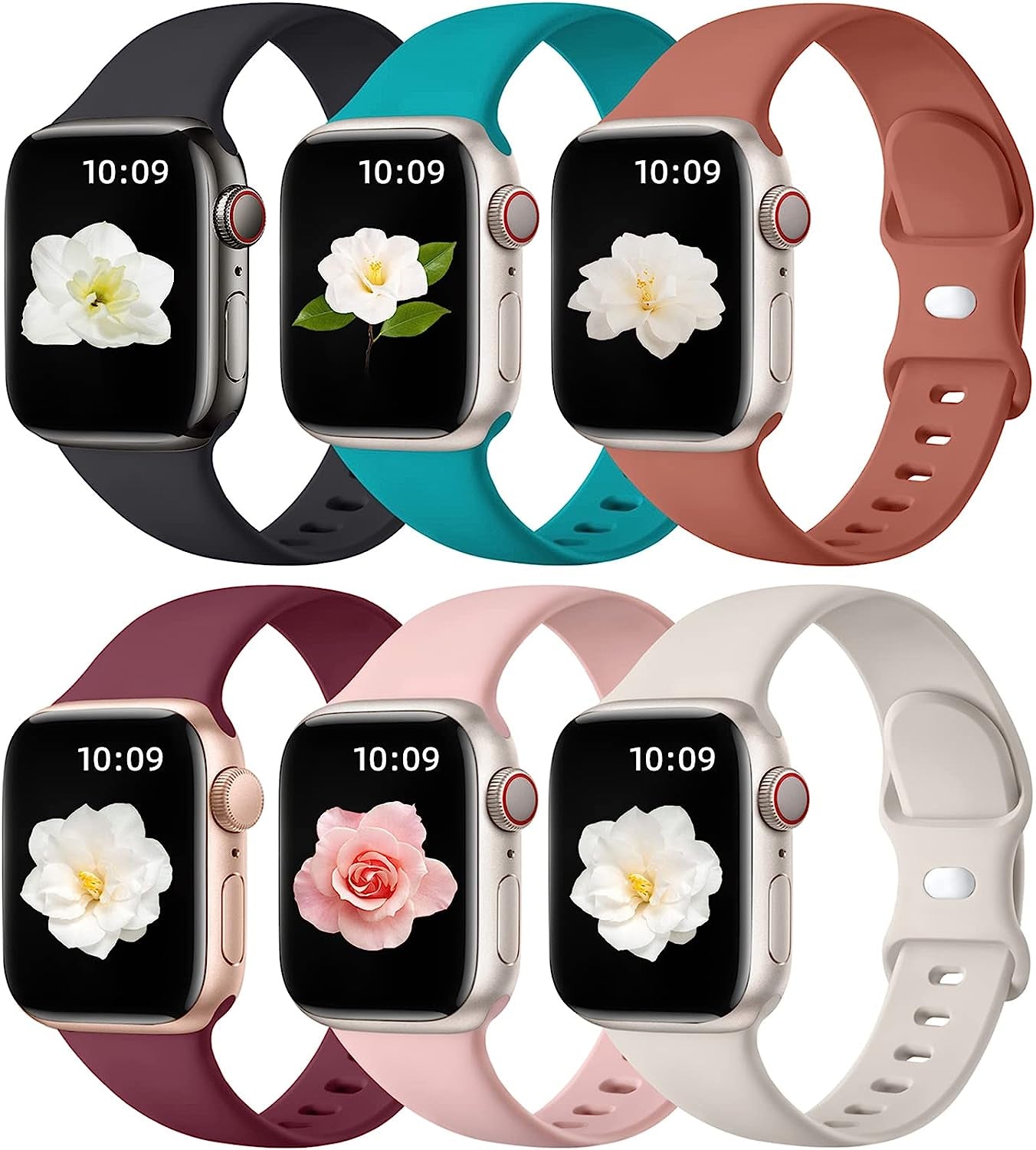 Maledan 6 Pack Bands Compatible for Apple Watch Band 45Mm 41Mm 40Mm 38Mm 44Mm 42Mm 49Mm Women Men, Breathable Silicone Sport Strap Design for Apple Watch Ultra Iwatch Series 8 7 6 5 4 3 2 1 SE Band  Maledan Starlight/ Black/ Wine Red/ Terracotta/ Verdigris/ Pind Sand 42mm/44mm/45mm/49mm 