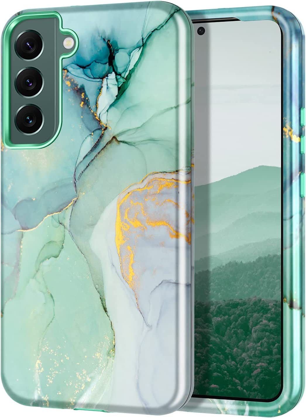 Btscase for Samsung Galaxy S22+/S22 plus 5G Case, Marble Pattern 3 in 1 Heavy Duty Shockproof Full Body Rugged Hard Pc+Soft Silicone Drop Protective Women Girl Covers for S22+/S22 Plus, Blue Gray  Btscase Green  