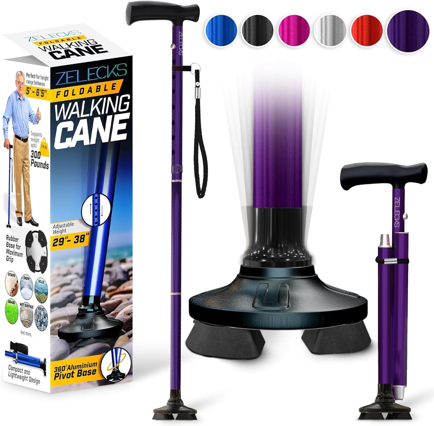 ZELECKS Walking Cane for Women & Men - Self Standing Adjustable Folding Cane with T Handle and 360 Pivot Base - Lightweight Foldable Walking Stick for Seniors - Collapsible Cane for Walking  ZELECKS Purple  