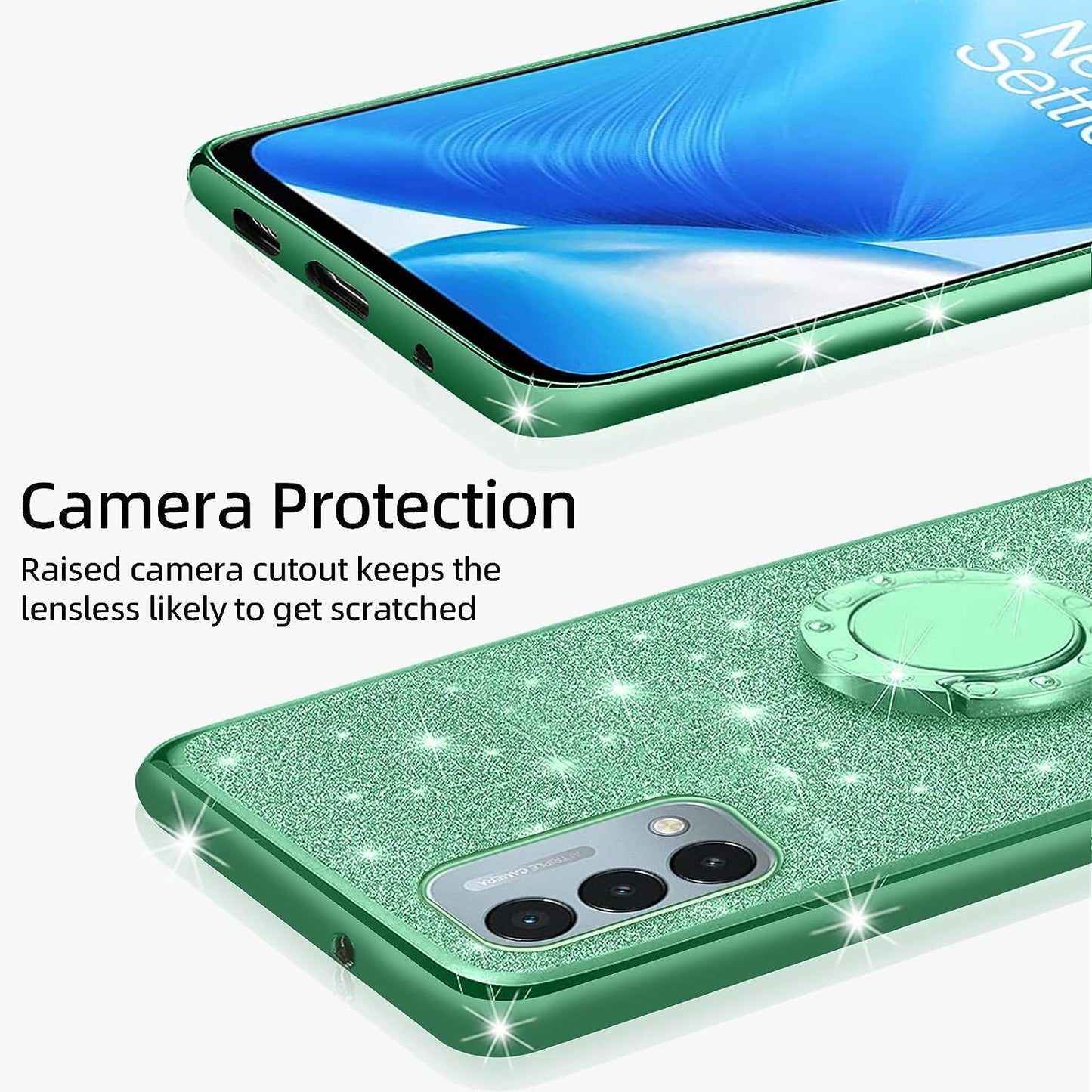 Kudini for Oneplus Nord N200 5G Case, N200 Phone Case for Women Glitter Crystal Soft Clear TPU Luxury Bling Cute Protective Cover with Kickstand Strap for Oneplus Nord N200 5G (Glitter Green)  KuDiNi   
