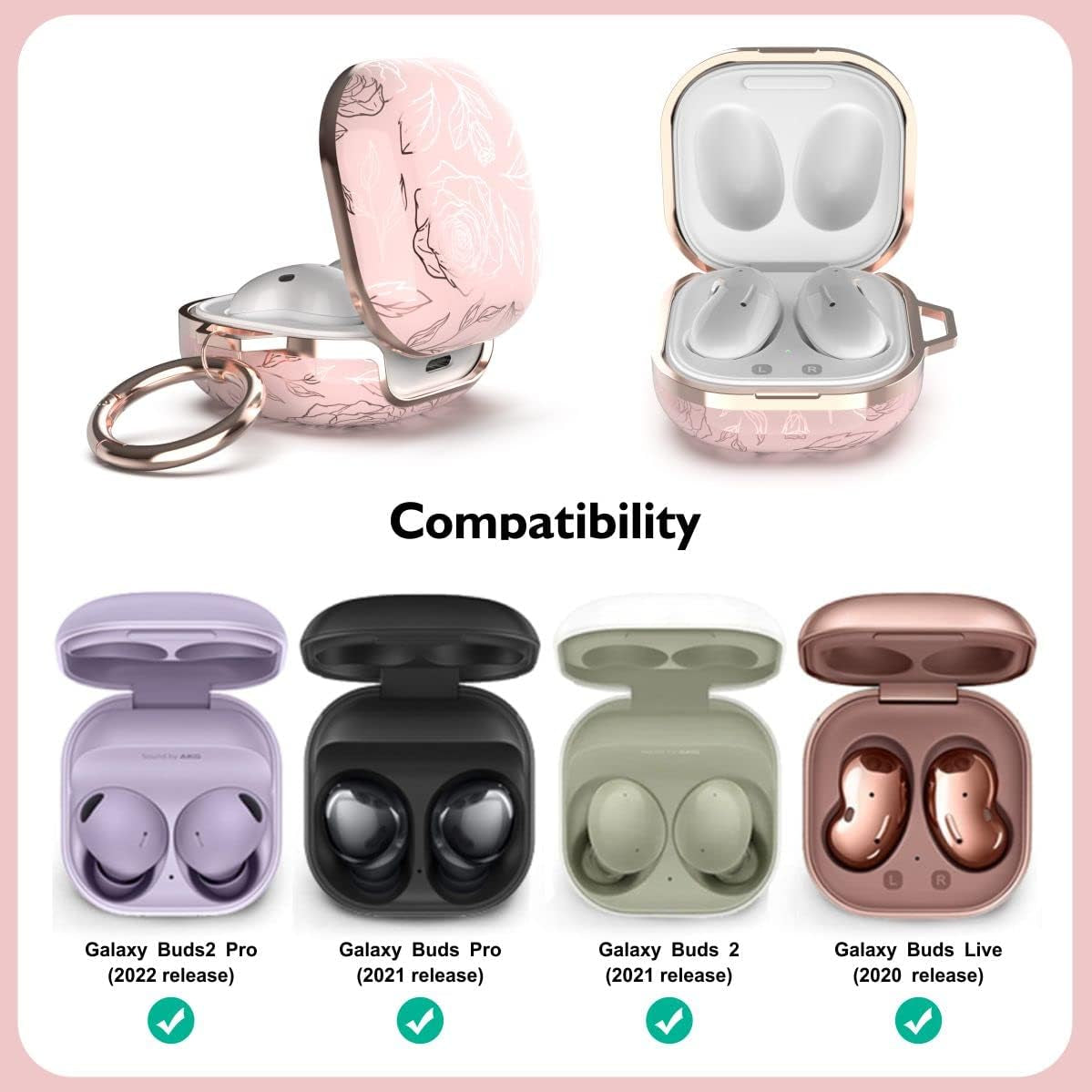 TATOFY Case for Galaxy Buds 2 Pro, Galaxy Buds 2, Galaxy Buds Pro, Galaxy Buds Live, Golden Leaf Golden Flower Hard Case with Carabiner, Support Wireless Charging, LED Visible (Pink & Golden)  TATOFY   
