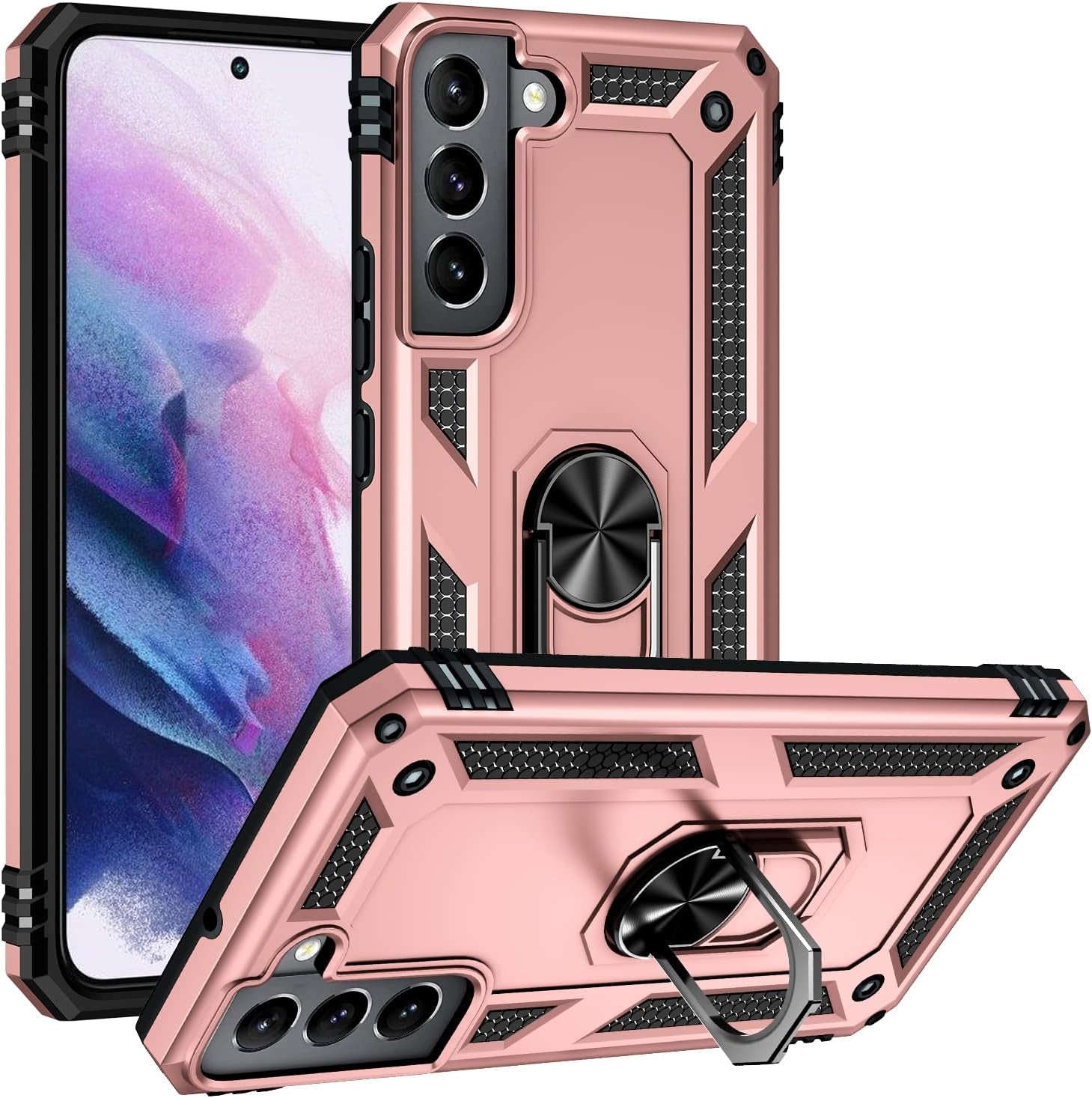 Dionsibei Military Grade Drop Impact for Samsung Galaxy S22 Case Galaxy S22 5G Case 360 Metal Rotating Ring Kickstand Holder Armor Heavy Duty Shockproof Case for Galaxy S22 Phone Case (Black)  Dionsibei Rose Gold  