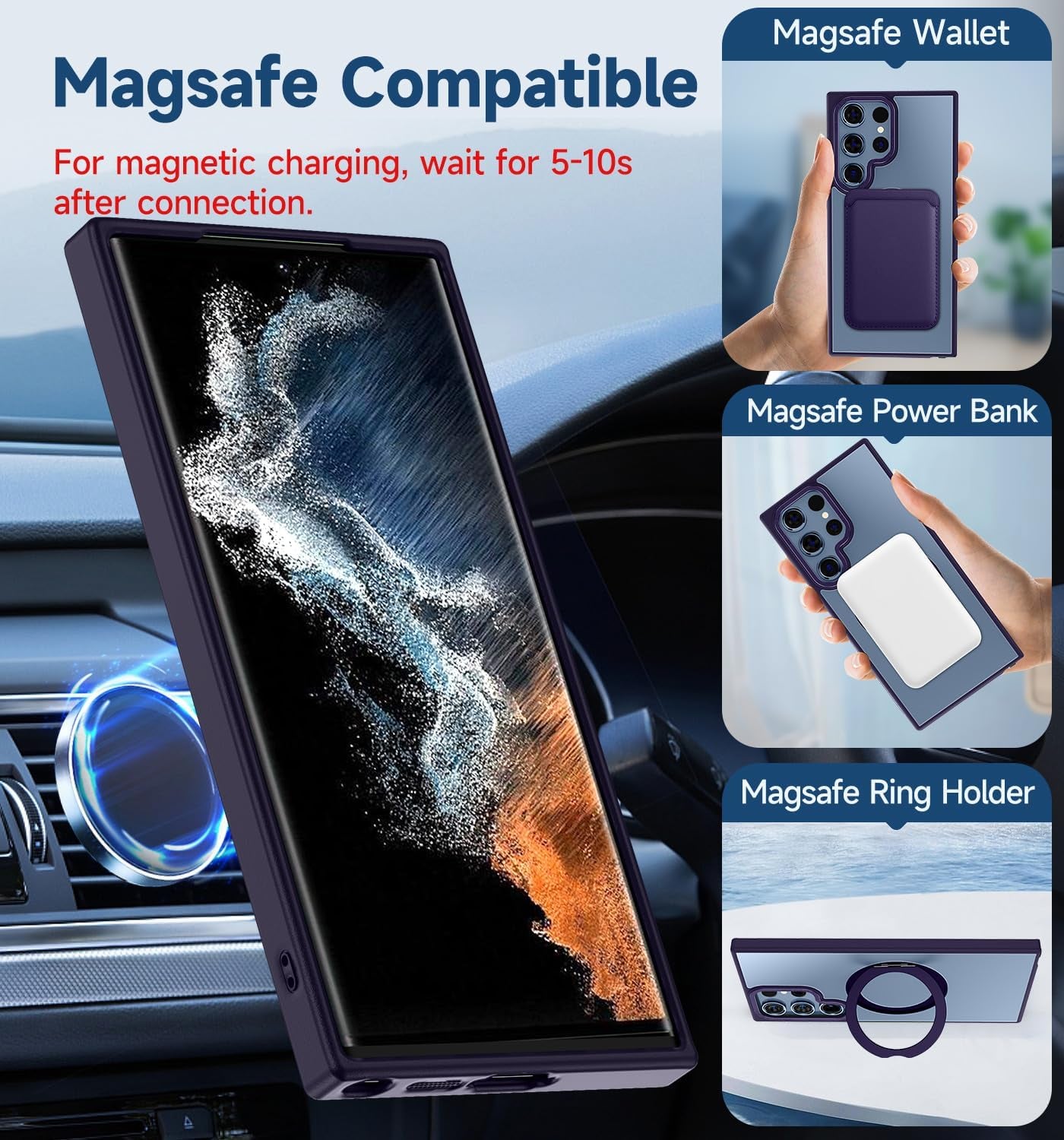 MAGIC JOHN Magnetic Case for Samsung Galaxy S22 Ultra Case [Compatible with Magsafe] [With Rotatable Magnetic Metal Stand][Military Grade Shockproof][Anti Yellowing] Matte Back Soft Edge,Purple  MAGIC JOHN   