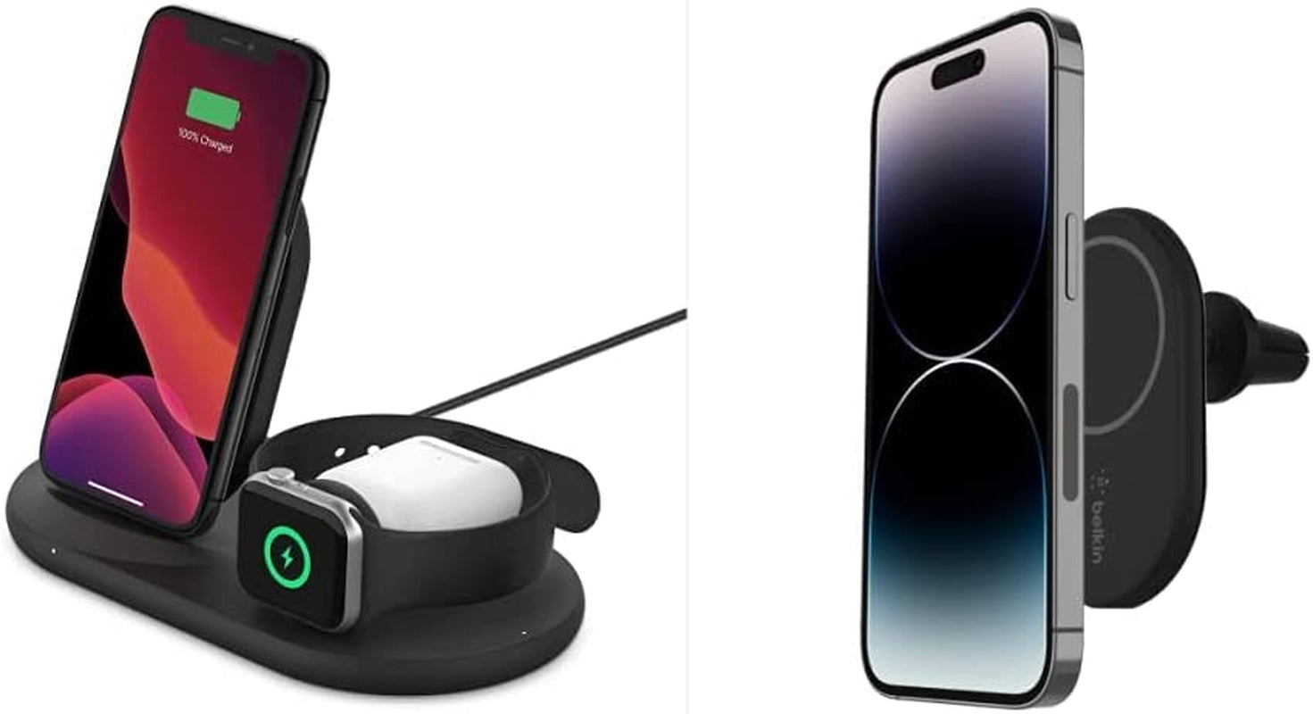 Belkin 3-In-1 Wireless Charger - Fast Wireless Charging Stand for Apple Iphone, Apple Watch & Airpods - Iphone Case Compatible Qi Charger - Wireless Charging Station for Multiple Devices - Black  Belkin Black Charger + Mount 