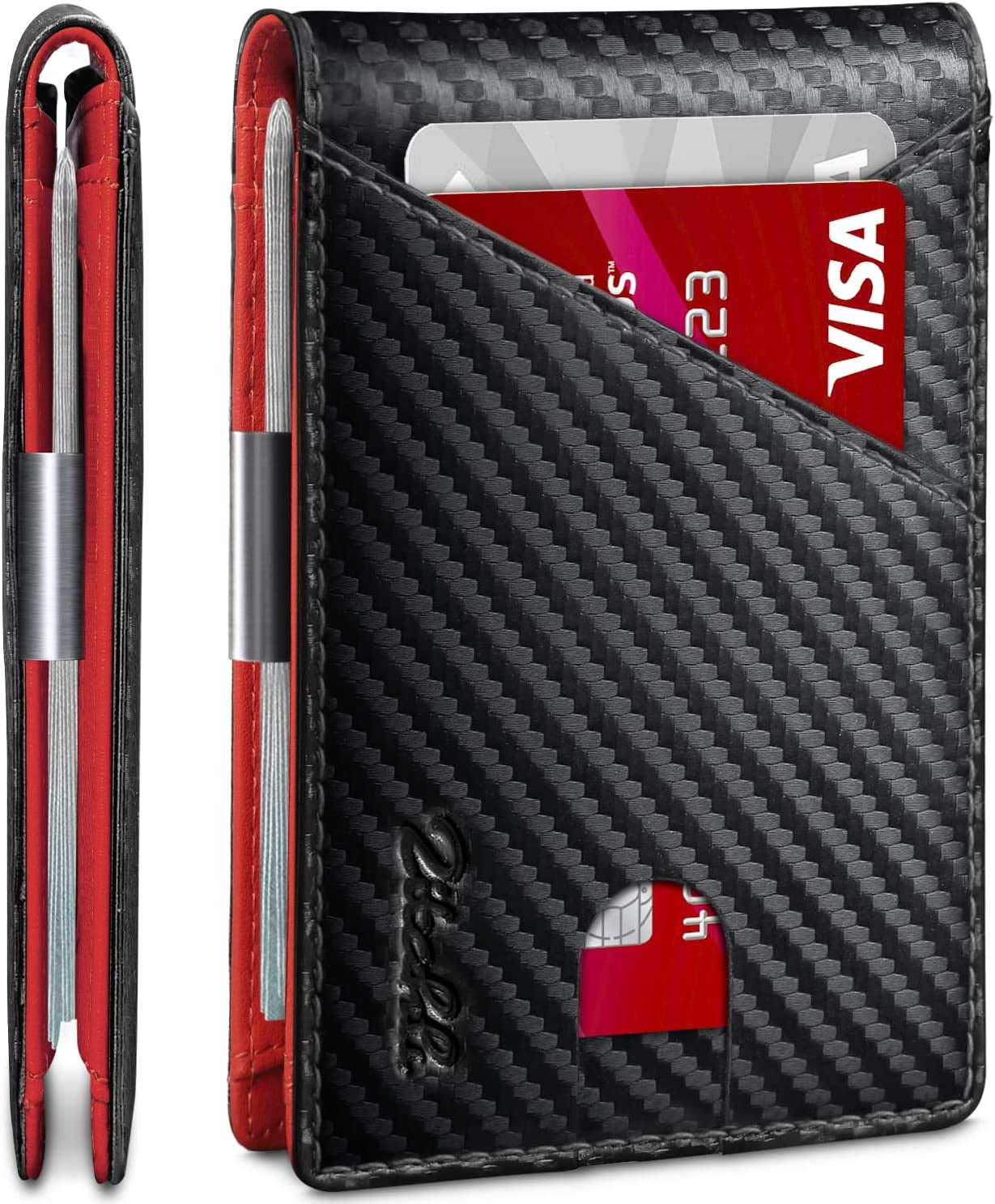 Zitahli Wallet for Men - with Money Clip Slim Leather Slots Credit Card Holder RFID Blocking Bifold Minimalist Wallets with Gift Box  Zitahli Carbon Black and Red  