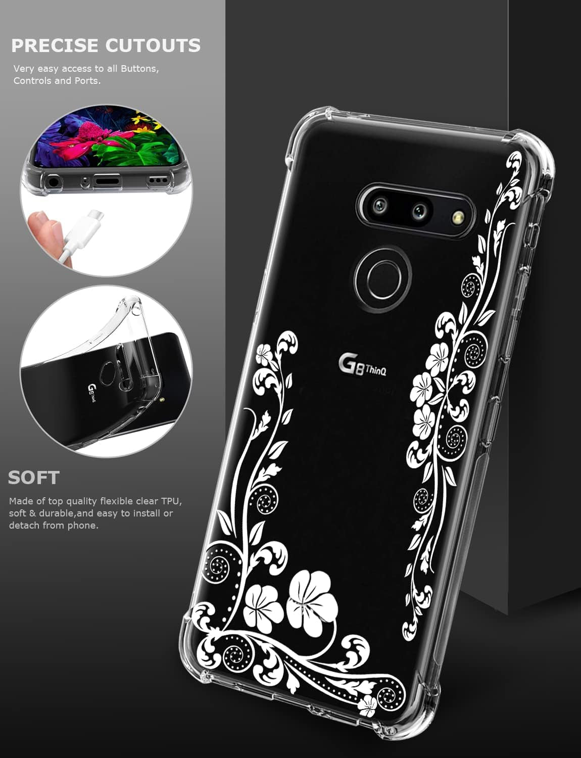 GREATRULY Floral Clear Pretty Phone Case for LG G8 Thinq (2019 Release) for Women Girls,Flower Design Transparent Slim Soft Drop Proof TPU Bumper Cushion Silicone Cover Shell,Fl-F12  GREATRULY   