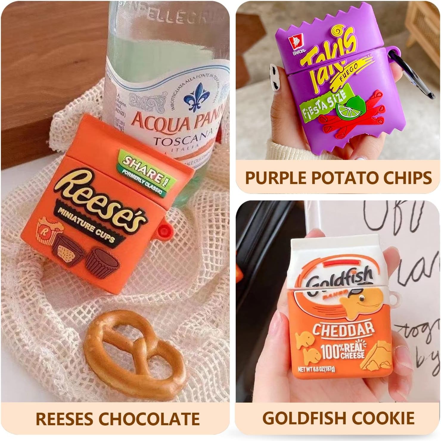 3 Pack Cute Airpod Case for Airpod 2&1,3D Kawaii Cartoon Funny Goldfish Cookie & Takis & Chocolate Food Soft Silicone Protective Cover Accessories Skin for Airpods 1&2 Gen Charging Case for Girls Boys  UGUHY   