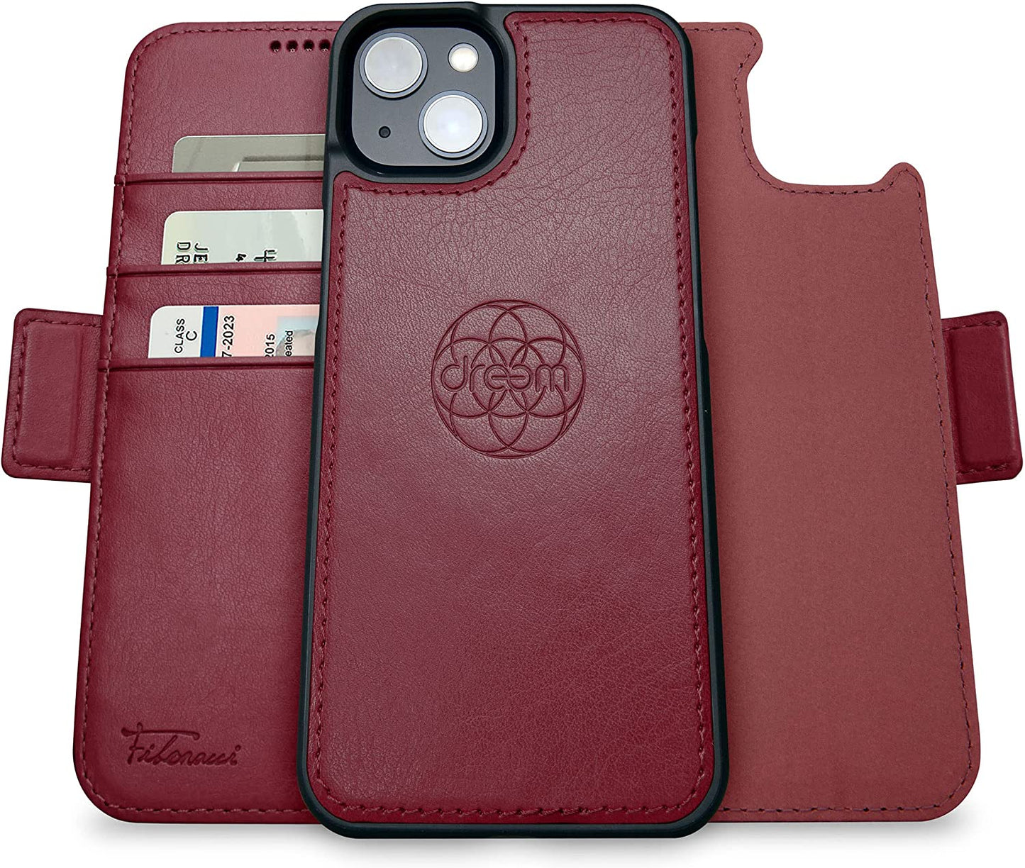 Dreem Fibonacci 2-In-1 Wallet Case for Apple Iphone 14 plus - Luxury Vegan Leather, Magnetic Detachable Shockproof Phone Case, RFID Card Protection, Magsafe Compatible - Black  dreem Burgundy iPhone 14 Plus 