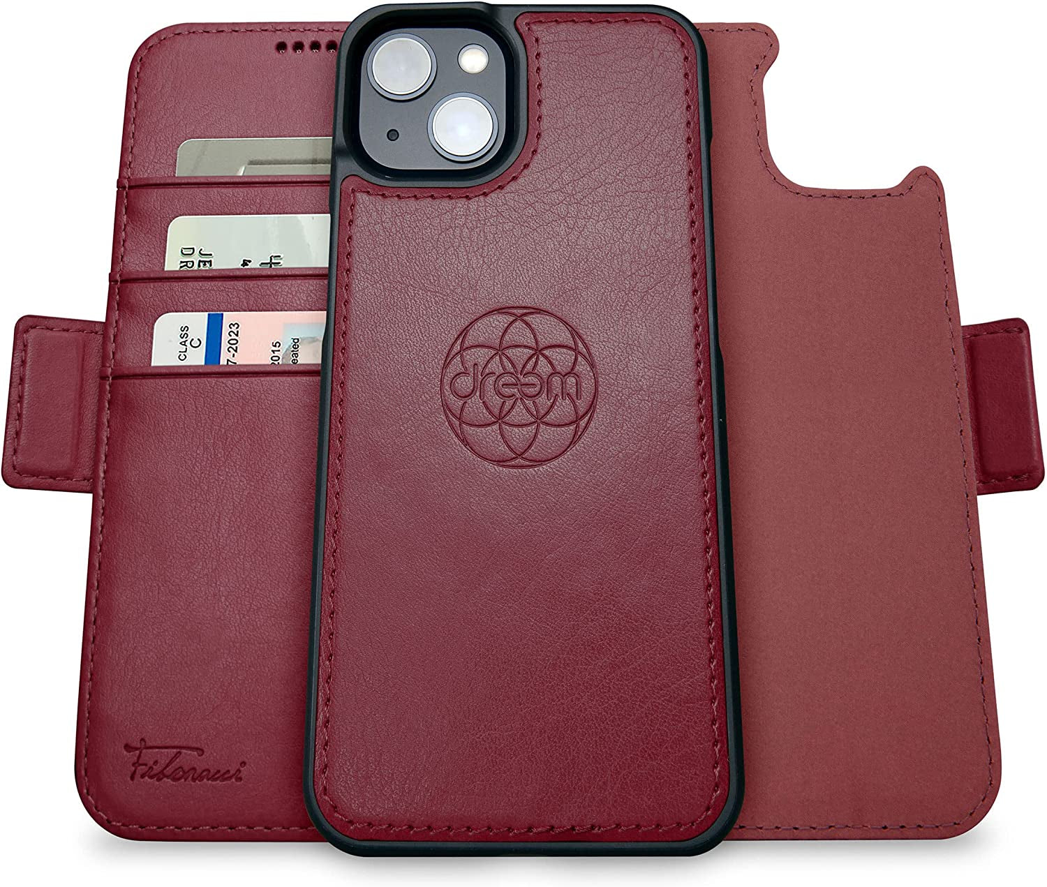 Dreem Fibonacci 2-In-1 Wallet Case for Apple Iphone 14 plus - Luxury Vegan Leather, Magnetic Detachable Shockproof Phone Case, RFID Card Protection, Magsafe Compatible - Black  dreem Burgundy iPhone 14 Plus 