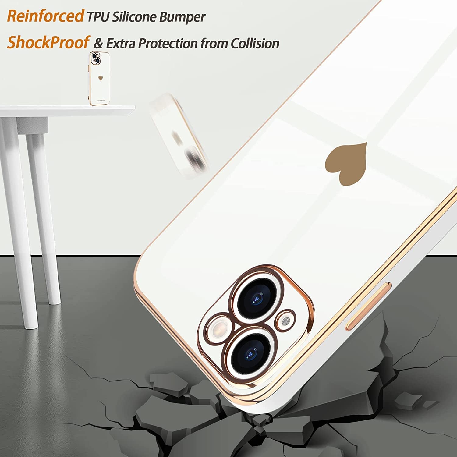 Teageo for Iphone 14 Case for Women Girl Cute Love Heart Luxury Electroplate Plating Soft Bling Back Cover Raised Full Camera Protection Bumper Silicone Shockproof Phone Case for Iphone 14, White  janzee   