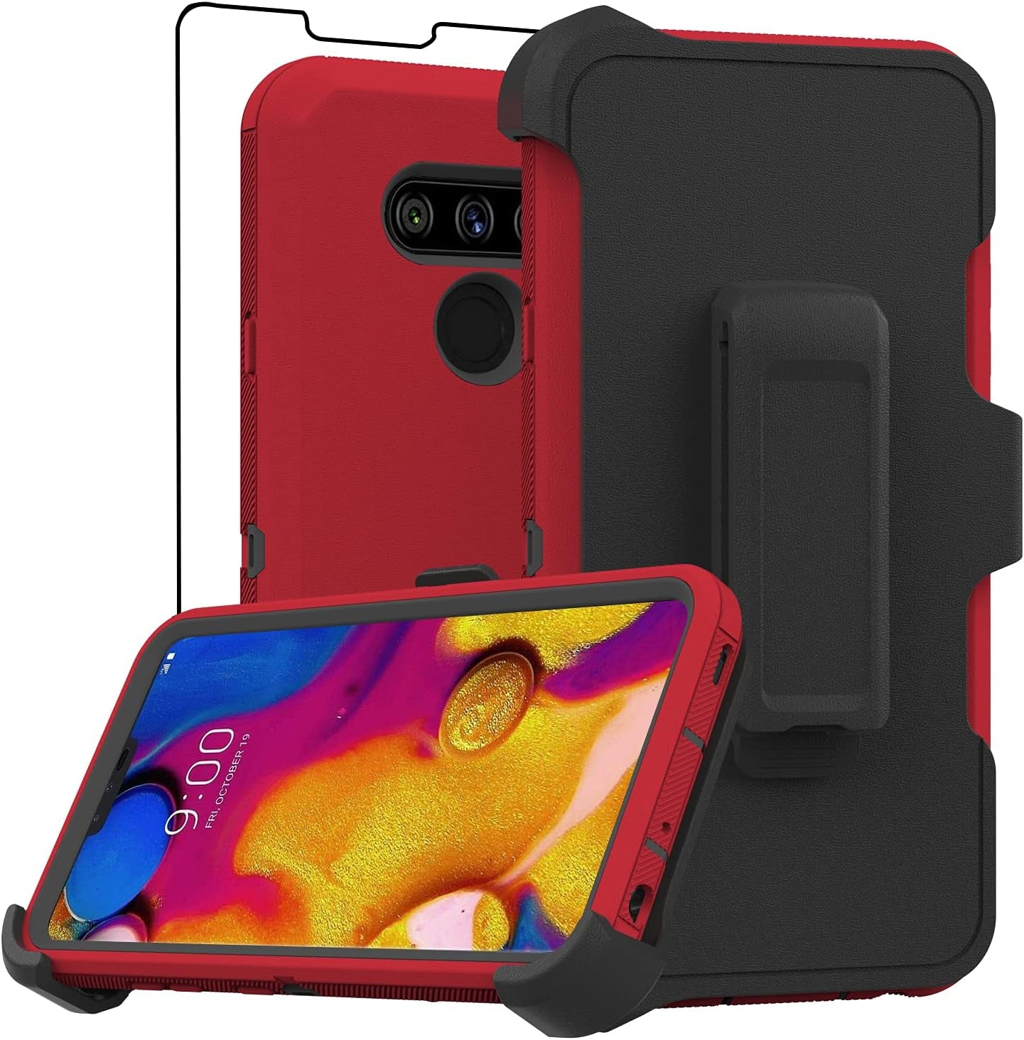Stroson Compatible with LG V40 Thinq Case, LG V40 Case, with Screen Protector Kickstand Holder Shockproof Protective Phone Case Hard Shell Full Body Defender Cover for LG V40 Thinq (Red/Black)  Stroson   