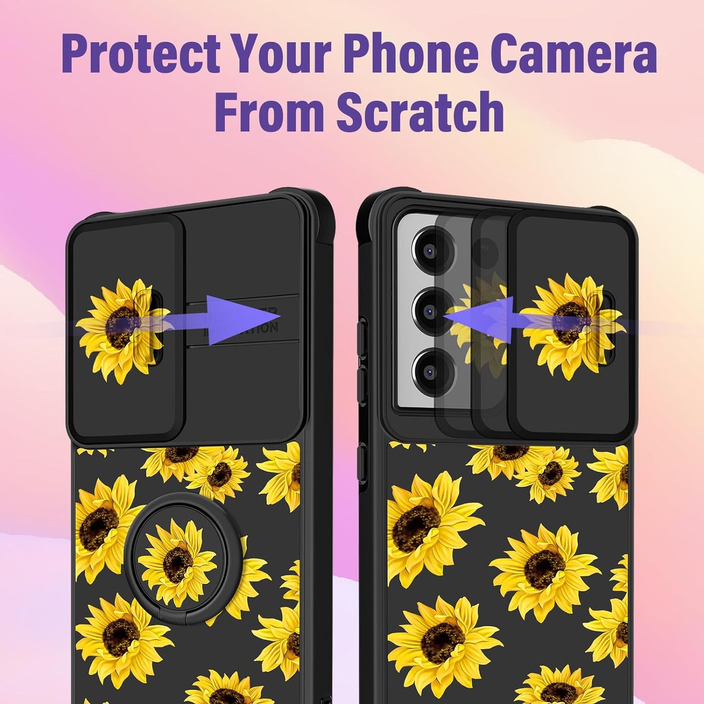 Funermei (2In1 for Samsung Galaxy S21 Ultra Case for Women Sunflower Cute Girls Phone Cover Flowers Floral Girly Sun Flower Black Design with Camera Cover+ Ring Stand for S21 Ultra Case  Funermei   