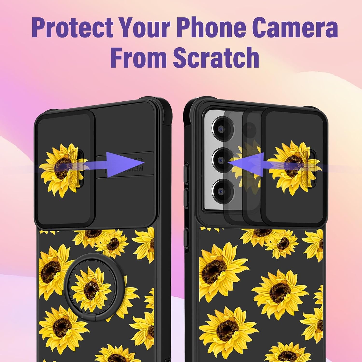 Funermei (2In1 for Samsung Galaxy S21 Ultra Case for Women Sunflower Cute Girls Phone Cover Flowers Floral Girly Sun Flower Black Design with Camera Cover+ Ring Stand for S21 Ultra Case  Funermei   
