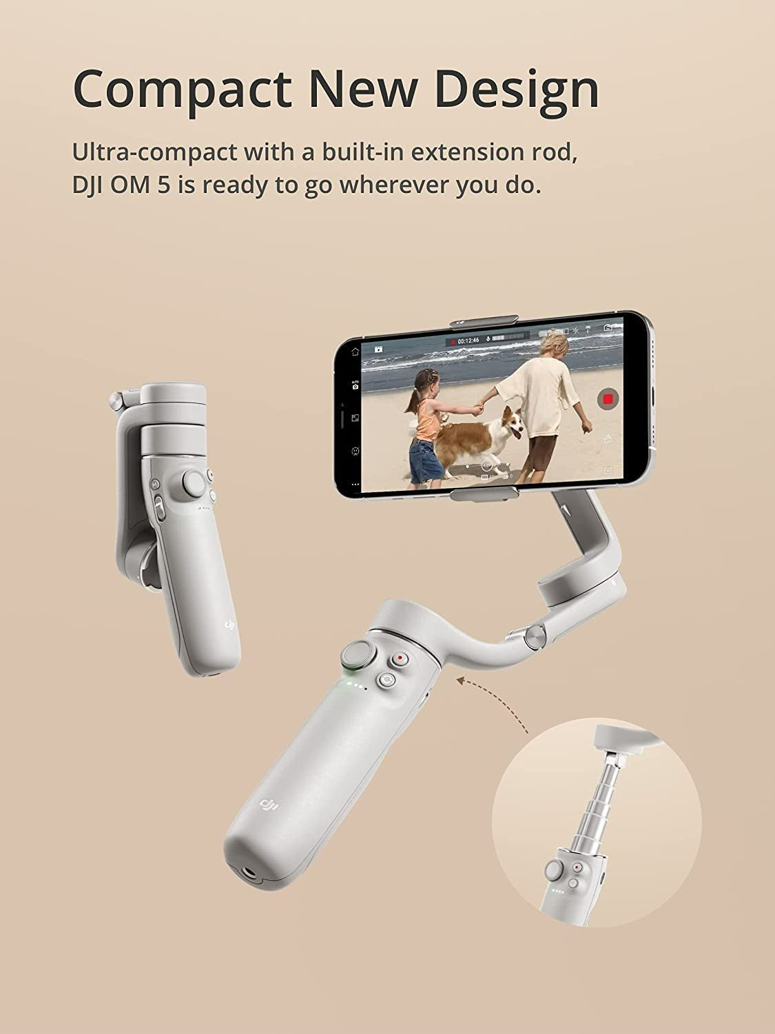 DJI OM 5 Smartphone Gimbal Stabilizer, 3-Axis Phone Gimbal, Built-In Extension Rod, Portable and Foldable, Android and Iphone Gimbal, Youtube Tiktok Video, Gray (Renewed)  DJI   