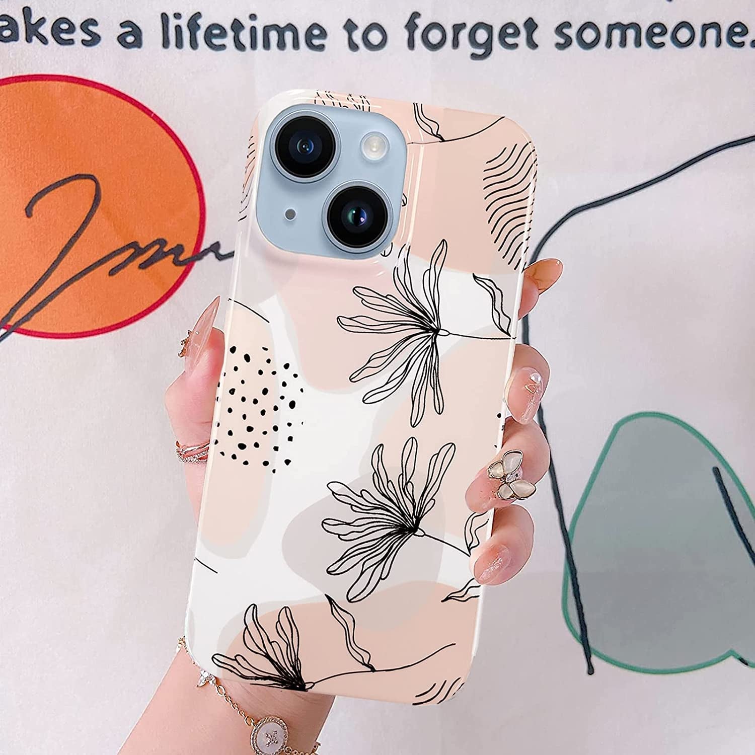 J.West Design for Iphone 14 Case 6.1,Aesthetic Minimalist Boho Modern Abstract Prints Slim Geometric Line Plant Floral Pattern Pink Soft TPU Shockproof Cover Protective Phone Case for Women Leaves  J.west   