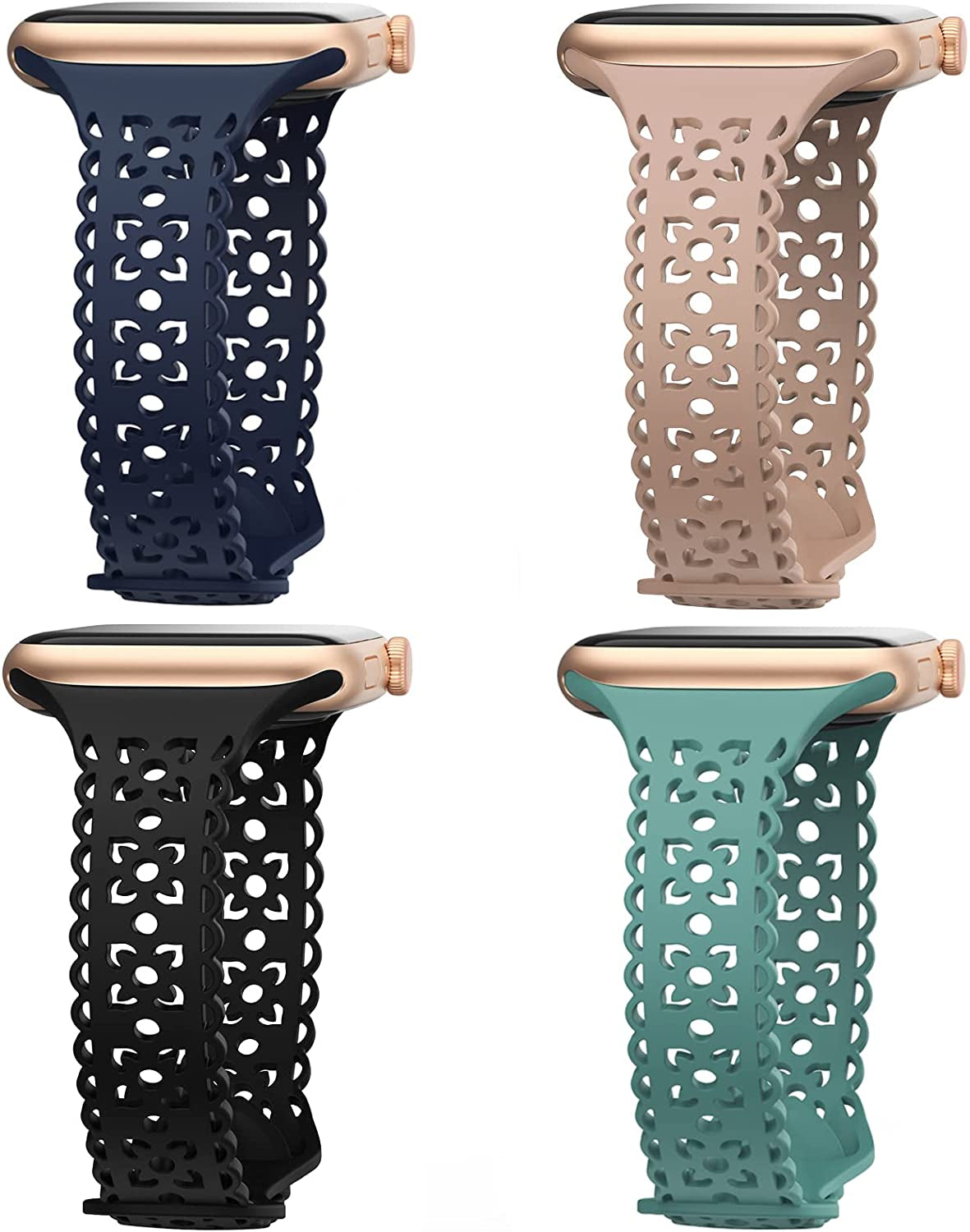 4 Pack Lace Silicone Band Compatible with Apple Watch Bands 40Mm 44Mm 41Mm 45Mm 38Mm 42Mm Women,Thin Slim Hollow-Out Sport Strap Replacement Wristbands for Iwatch Series Ultra 8 7 6 5 4 3 2 1 SE  HEARTBOOM Black /Milk Tea/Cactus/Navy Blue 38mm/40mm/41mm 