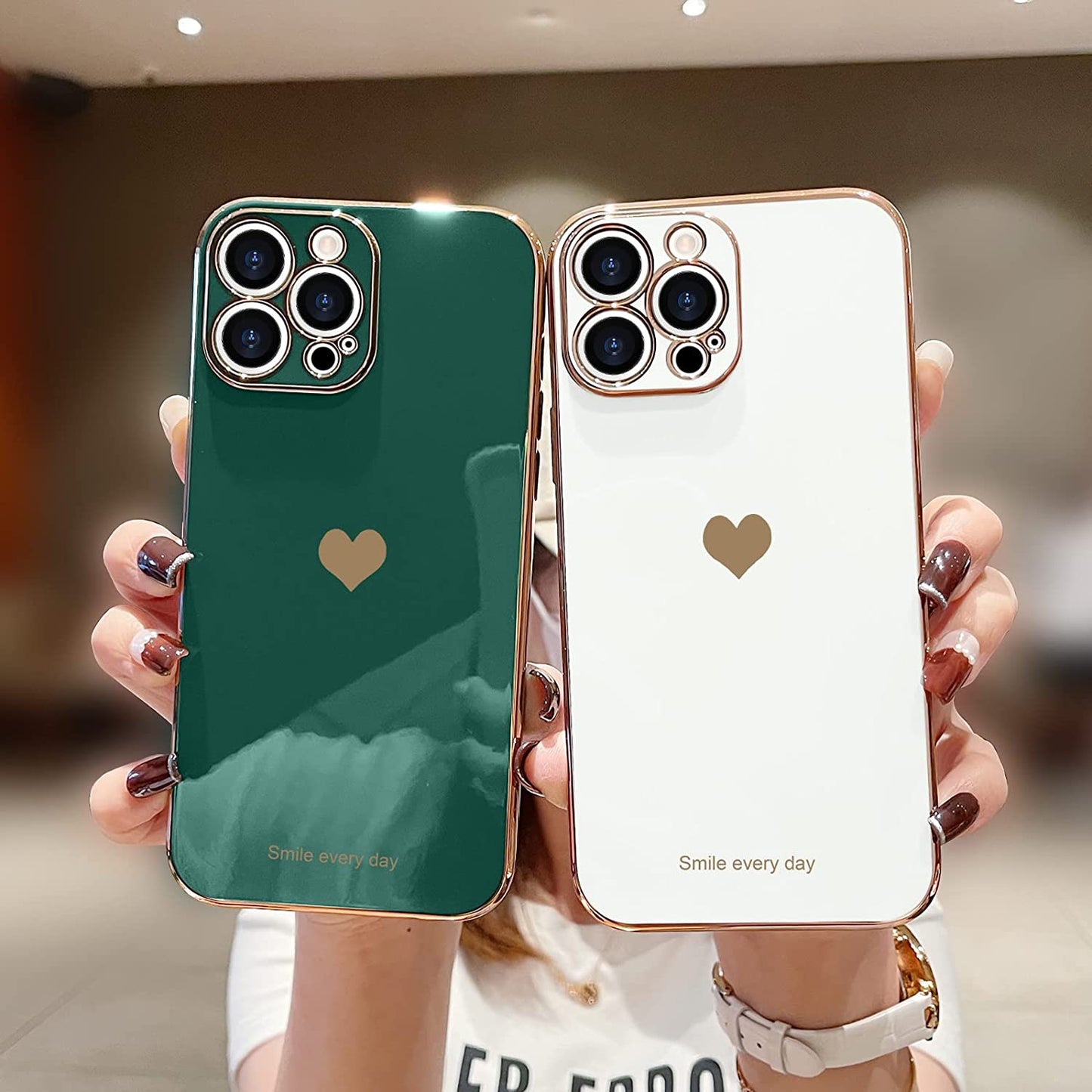 Teageo Iphone 14 Pro Case - Luxury Love Heart Design, Bling Back Cover, Camera Protection, Shockproof, Blackish Green  janzee   
