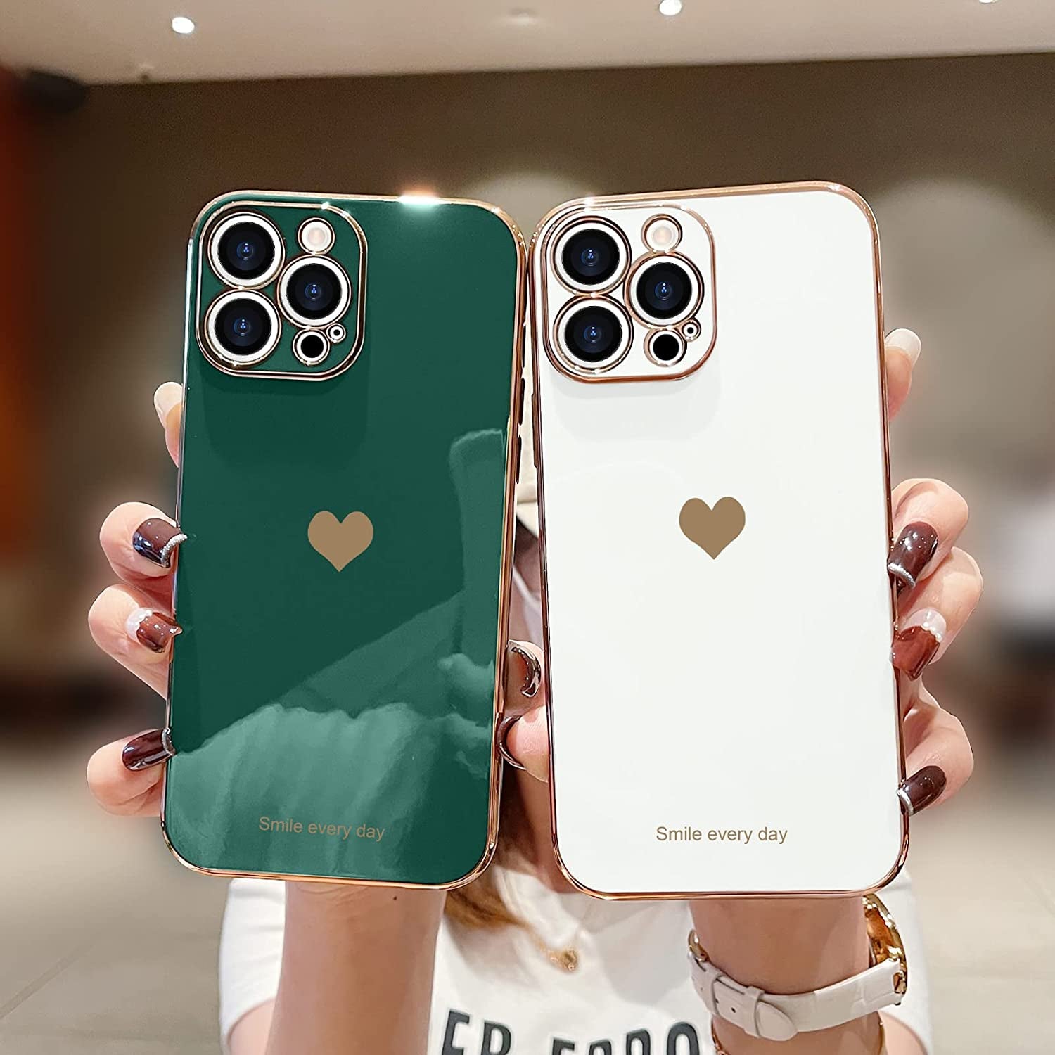 Teageo Iphone 14 Pro Case - Luxury Love Heart Design, Bling Back Cover, Camera Protection, Shockproof, Blackish Green  janzee   