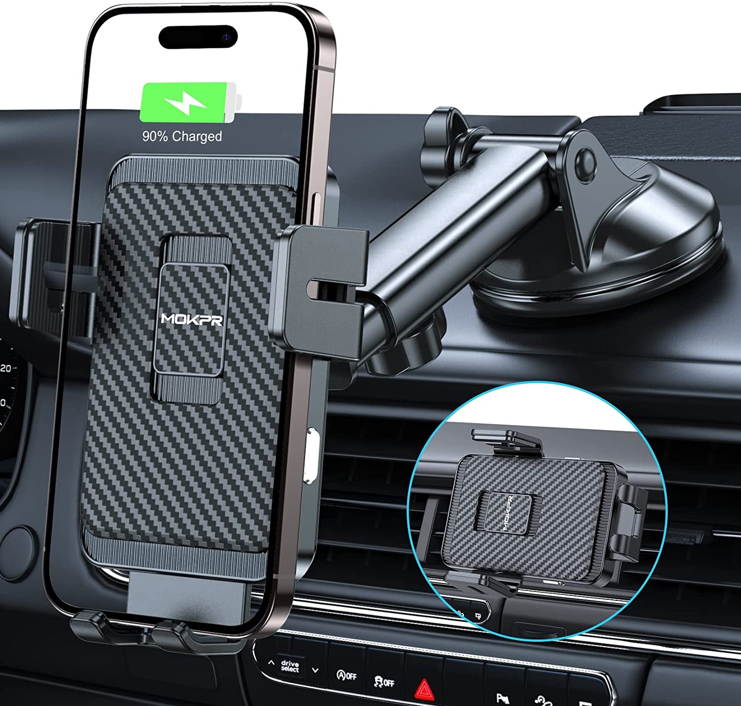 Wireless Car Charger, MOKPR 15W Fast Charging Car Mount Auto-Clamping Car Charger, Dashboard Windshield Phone Holder Compatible with Iphone 14/13/13 Pro/12 Pro/12/11/X/8, Samsung S23/S22/S10/S9/S8  MOKPR Dash Air vent  