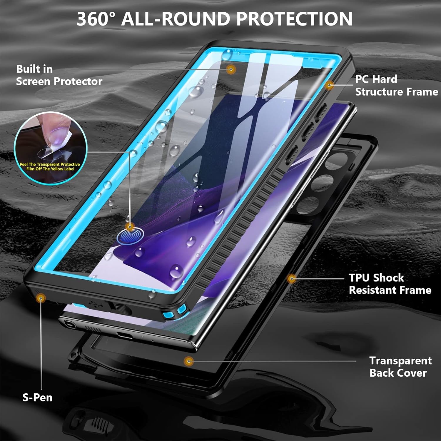 Temdan for Samsung Galaxy Note 20 Ultra Case Waterproof, Built in Screen Protector 360° Full Body Heavy Duty Shockproof IP68 Waterproof Note 20 Ultra Case for Samsung Note 20 Ultra 5G 6.9"-Blue  Temdan   
