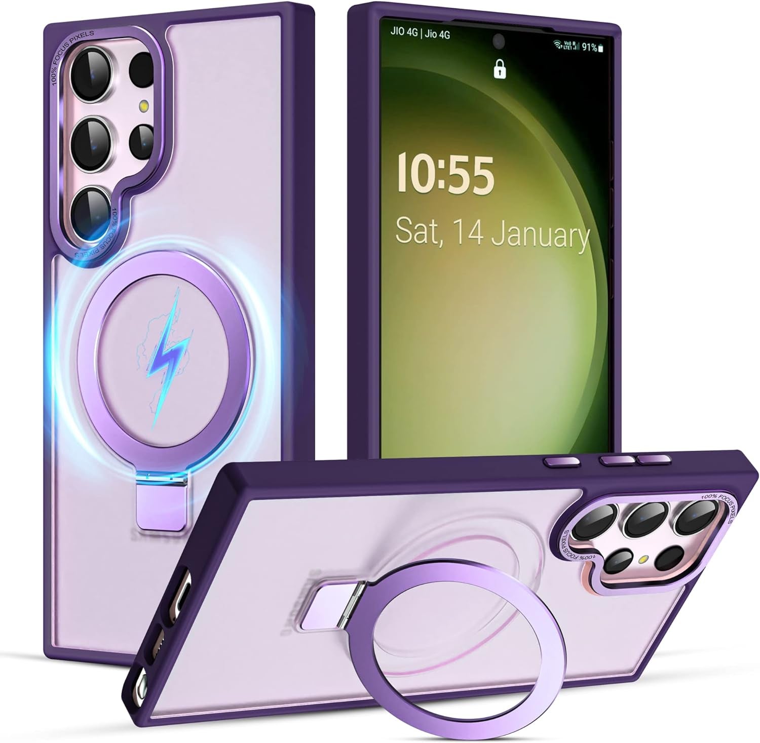 Cyberowl for Samsung Galaxy S23 Ultra Case with [3 in 1] Magnetic-Ring Stand, Military-Grade Drop Protection Translucent Matte Case for Women Men, Black  Cyberowl Purple  