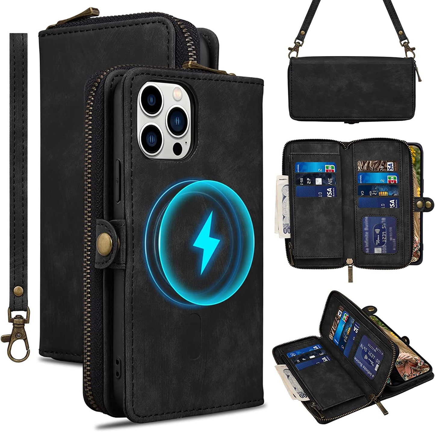 Rssviss for Iphone 12/12 Pro Case Wallet Cover for Women Men, 《RFID Blocking》《Magsafe》Credit Card Holder Leather Strap Zipper Wristlet Iphone 12 Pro Case with Magnetic Shockproof 6.1" Vintage Pink  Rssviss Black 6,1 inch iphone 12/12 Pro 