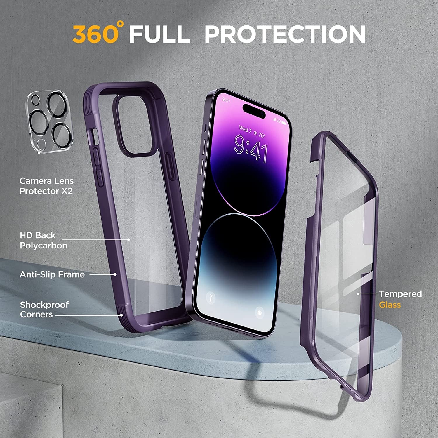 Miracase Glass Series for Iphone 14 Pro Case 6.1 Inch, 2023 Full-Body Clear Bumper Case with Built-In 9H Tempered Glass Screen Protector, with Camera Lens Protector (Noble Purple)  Miracase   