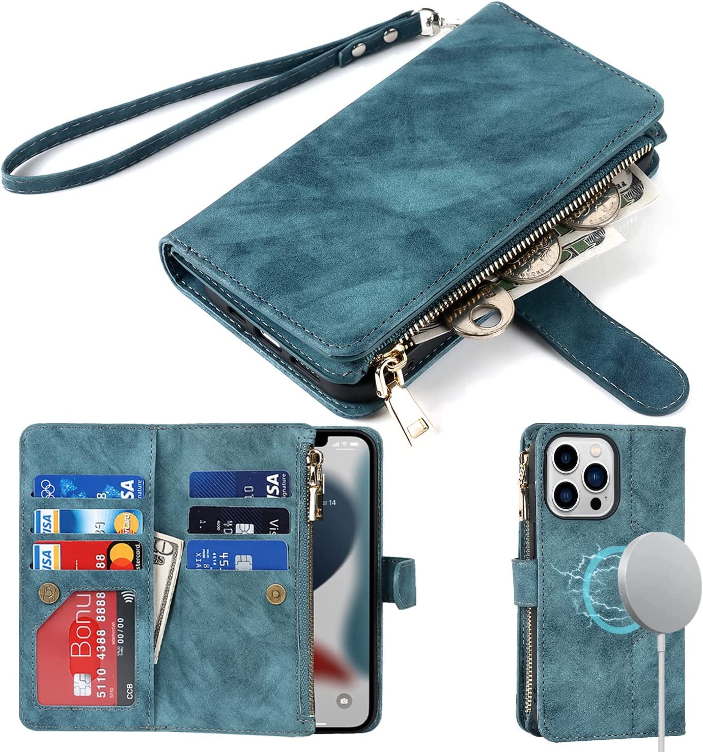 Ｈａｖａｙａ Iphone 13 Pro Max Case Wallet Magsafe Compatible,Iphone 13 Pro Max Phone Case with Card Holder,Flip Magnetic Zipper Magnetica Wallet Cover for Women Men -Wine Red  Ｈａｖａｙａ Blue iPhone 12 Pro Max 