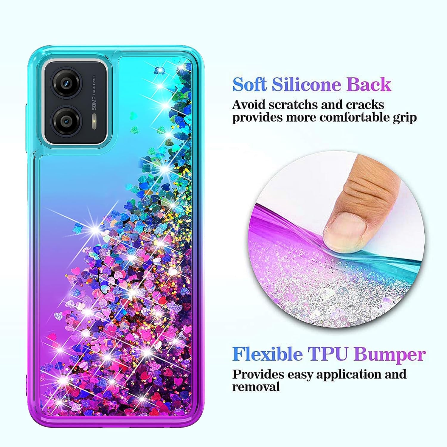 YZOK for Moto G 5G 2023 Case,Motorola G 5G 2023 Case,With HD Screen Protector,Gradient Quicksand Glitter Liquid Floating Girls Cute Phone Case for Motorola Moto G 5G 2023 (Teal/Purple)  YZOK   