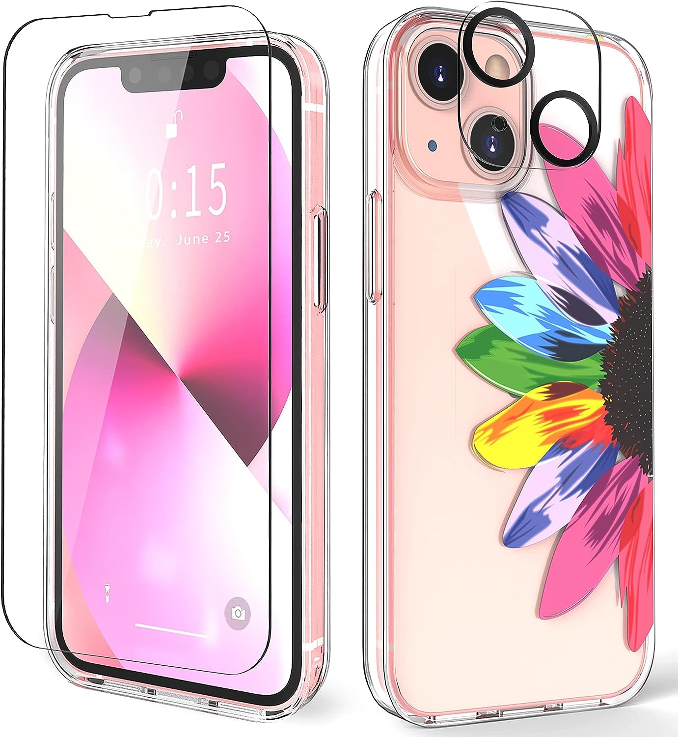 ZQWY Designed for Iphone 13 Case 6.1 Inch, with Tempered Glass Screen Protector + Camera Lens Protector Clear with Design Protective Aesthetic Women Girl Phone Cover (Harry Potter)  ZQWY Seven-Color Flower Petals  