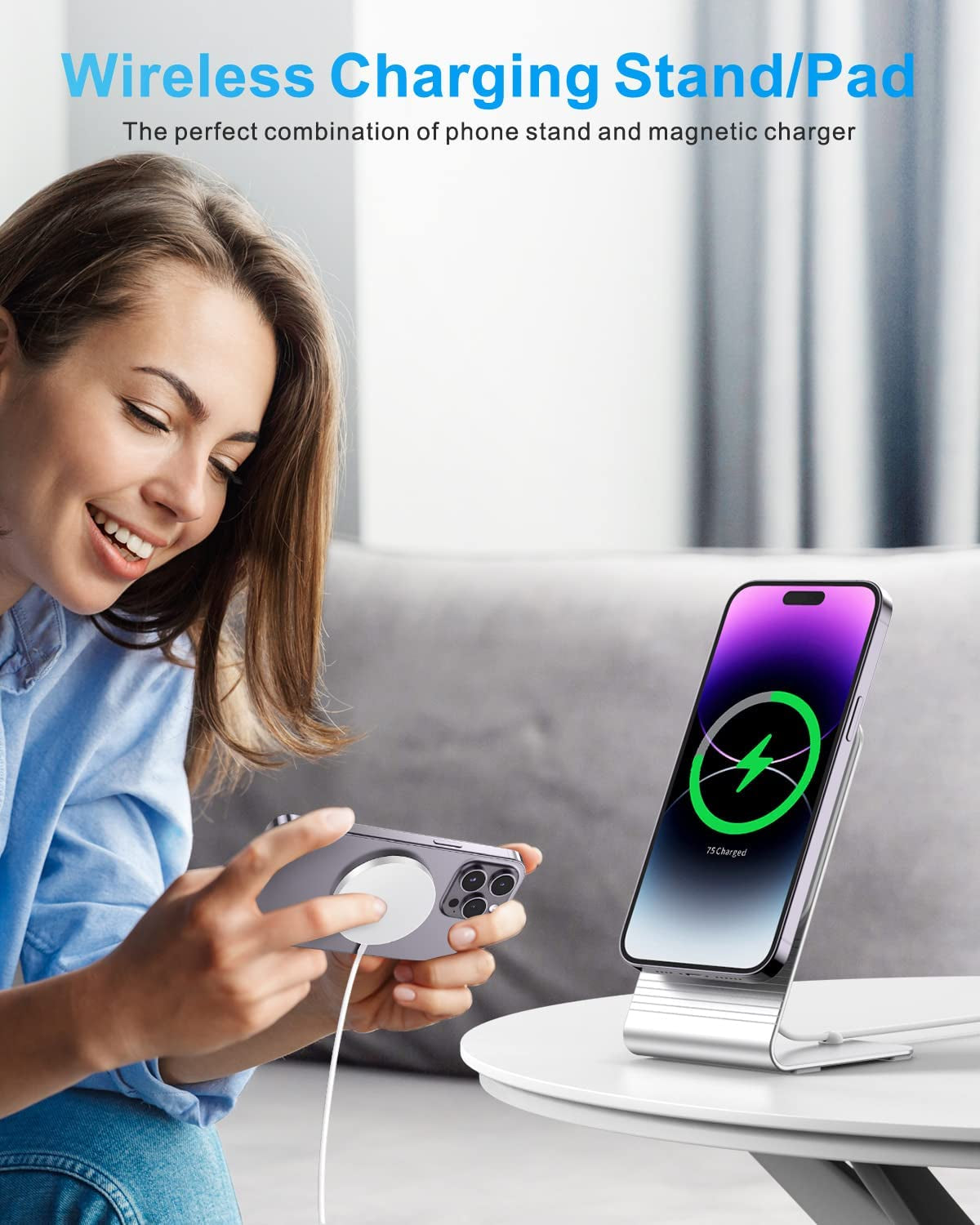 Magnetic Wireless Charger, Mag-Safe Charger Stand with 20W USB C PD Adapter, Mag-Safe Charging Station Compatible with Iphone 14/13/12 Series, Fast Wireless Charging Pad with Phone Stand  W105   