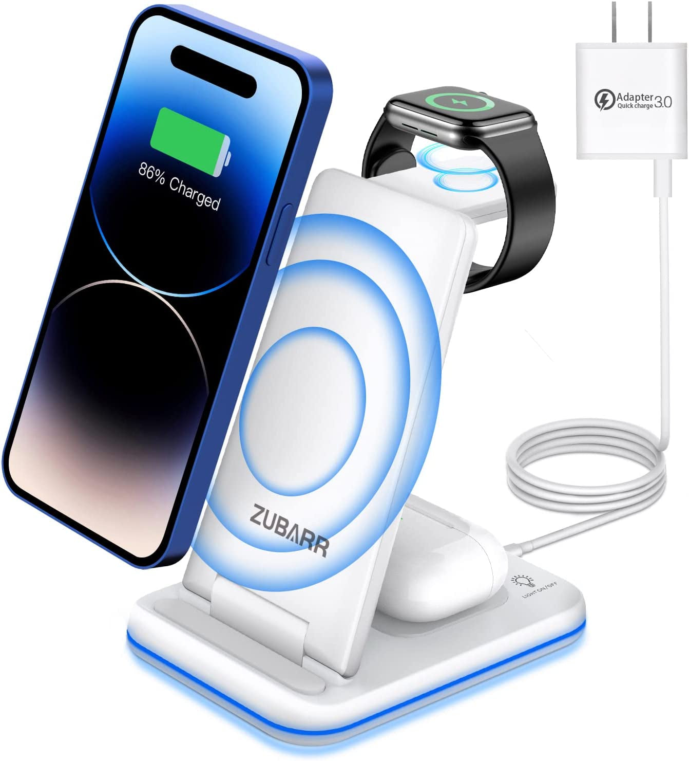 ZUBARR Foldable Wireless Charger for Multiple Devices 3 in 1 Wireless Charging Station for Travel, Compatible with Iphone14 13 12 11/Pro/Xr, Iwatch Charger Forse/8/7/6/5/4/3/2, Airpods Wireless/Pro  ZUBARR White  