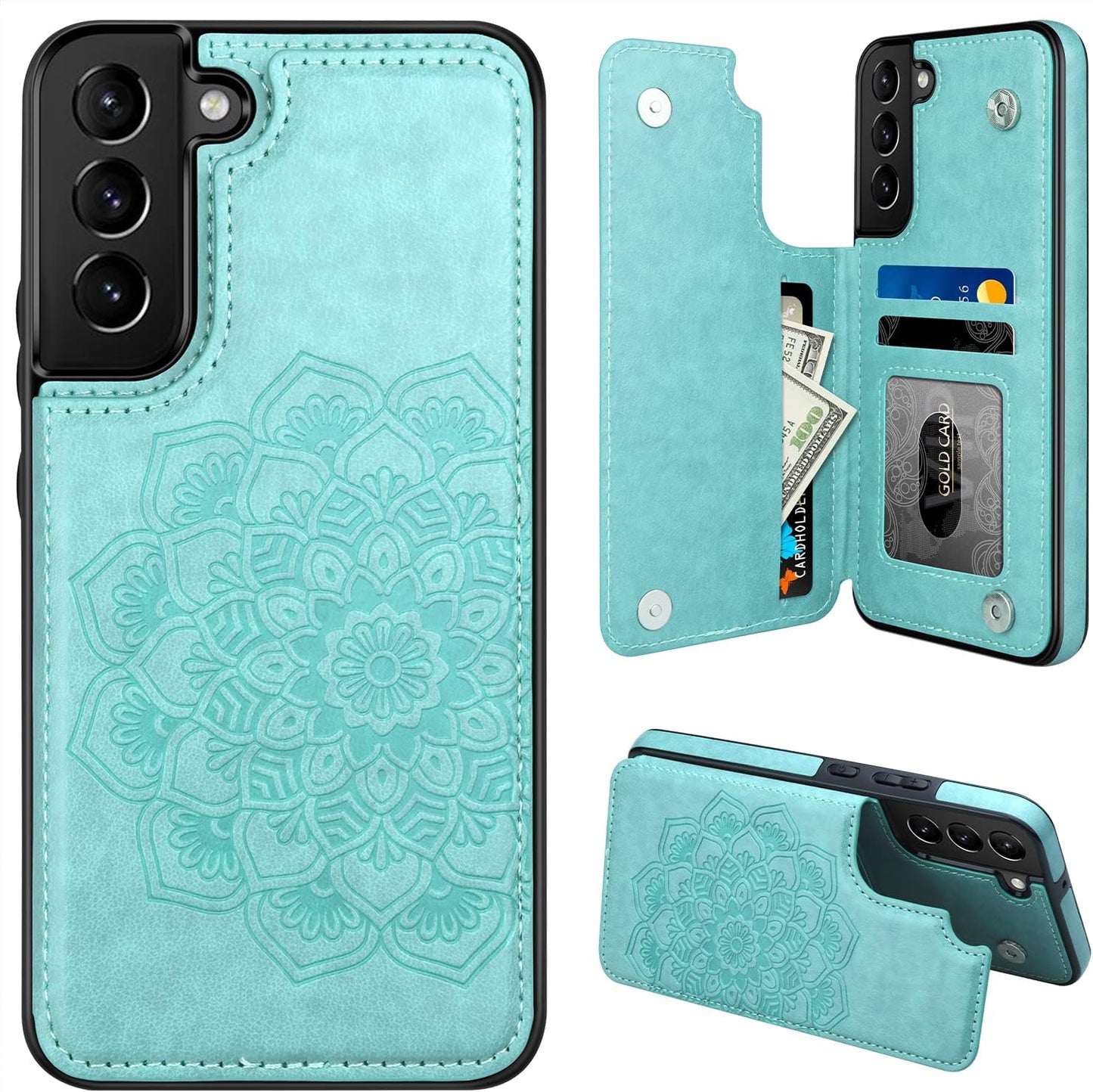 MMHUO for Samsung Galaxy S22 Case with Card Holder,Flower Magnetic Back Flip Case for Samsung Galaxy S22 Wallet Case for Women,Protective Case Phone Case for Samsung Galaxy S22 5G (2022),Mint  MMHUO   