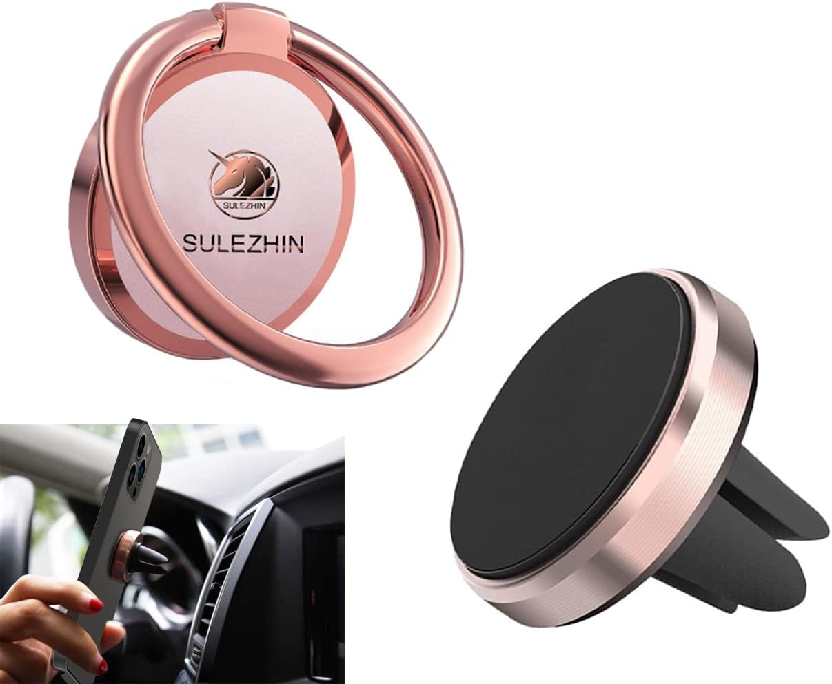 Phone Ring Holder Stand Finger Kickstand 360° Rotation Metal Ring Grip with Magnetic Phone Car Mount Holder Set Compatible with Iphone, Samsung, LG, Sony, HTC ETC (Rose Gold)  sulezhin   