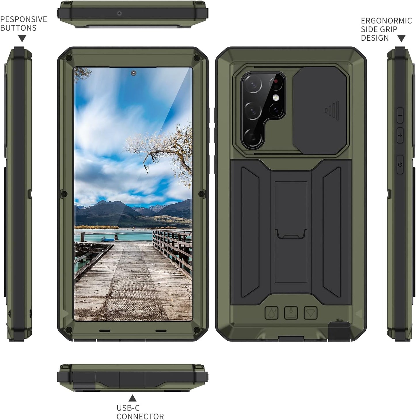 For Samsung Galaxy S22 Ultra 5G Case, Aluminum Metal Gorilla Glass Shockproof Military Heavy Duty Sturdy Protector Cover Hard Case,With Sliding Camera Cover and Built-In Foldable Kickstand(Green-Ⅱ)  MIYIYQP   