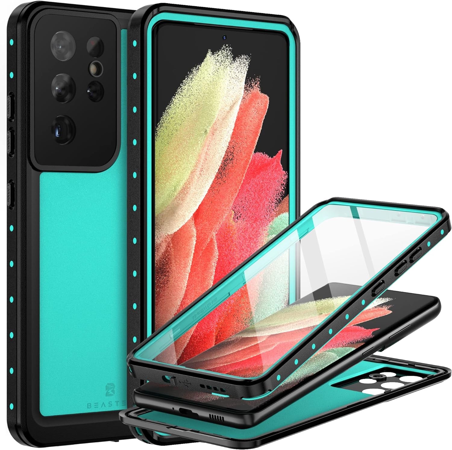 BEASTEK for Samsung Galaxy S21 Ultra Waterproof Case, NRE Series, Shockproof Underwater IP68 Case with Built-In Screen Protector Full Body Protective Cover, for Galaxy S21 Ultra 6.8 Inch (Blue)  BEASTEK Teal Galaxy S21 Ultra 