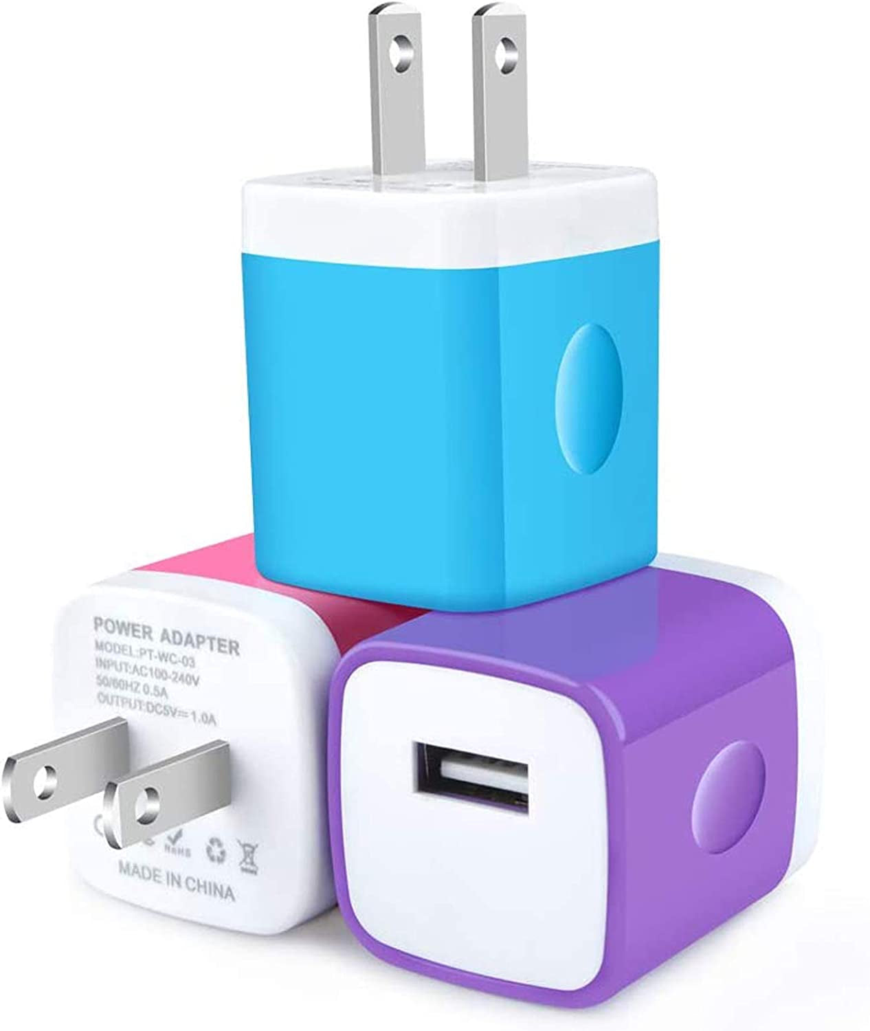 USB Wall Charger, Cablelovers 1A/5V 3-Pack Travel USB Plug Charging Block Brick, Charger Power Adapter Cube Compatible Phone Xs/Xs Max/X/8/7/6 Plus, Galaxy S9/S8/S8 Plus, Moto, Kindle, LG  Shenzhen Putuo Technology Co.,Ltd Blue,Purpul,Rose  