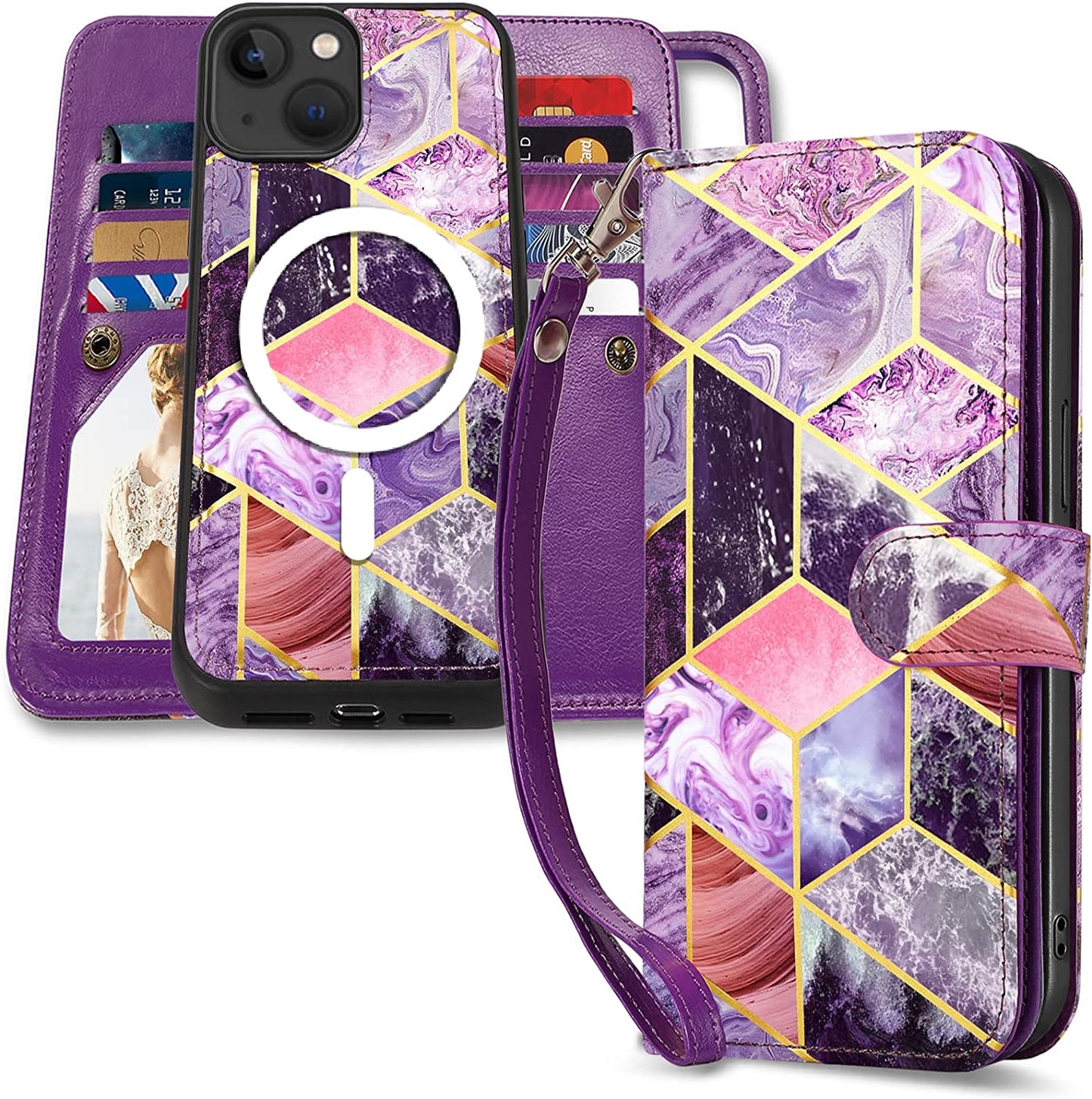CASEOWL Compatible for Iphone 14 plus Case Wallet, Support Magsafe Charger, Magnetic Detachable Folio Leather Lanyard Wallet Case with 9 Card Slots[Rfid Blocking], Strap, TPU Case for Man Women-Black  CASEOWL Marble Purple [for iPhone 14 Plus]  