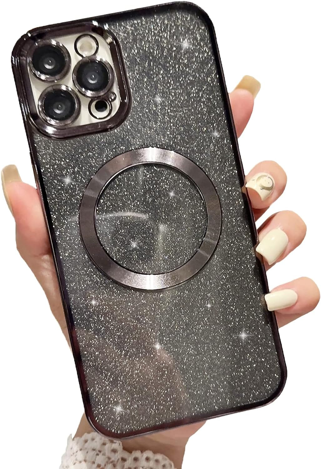 Aowner Magnetic Case for Iphone 14 Pro Glitter Case, Luxury Plating Cute Bling with Camera Lens Protector, Compatible with Magsafe, Slim Thin for Women Girls Protective Clear Phone Case, Purple  aowner Black  
