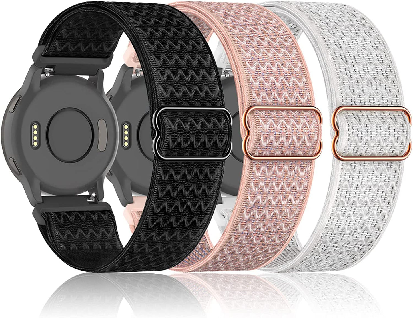 Bolesi 3 Pack 18Mm Stretchy Nylon Watch Bands for Garmin Venu 2S / Vivoactive 4S/ Vivoactive 3S,Soft Sport Band Quick Release Wristband Loop Elastic Strap for Men Women  Bolesi Black+White+Pink  