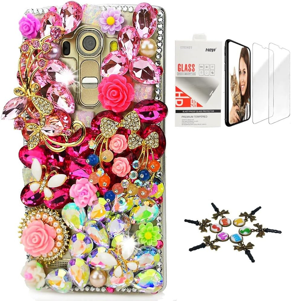 STENES Bling Case Compatible with LG G6 / LG G6 plus - Stylish - 3D Handmade [Sparkle Series] Pretty Butterfly Bowknot Rose Flowers Design Cover with Screen Protector [2 Pack] - Colorful  STENES   